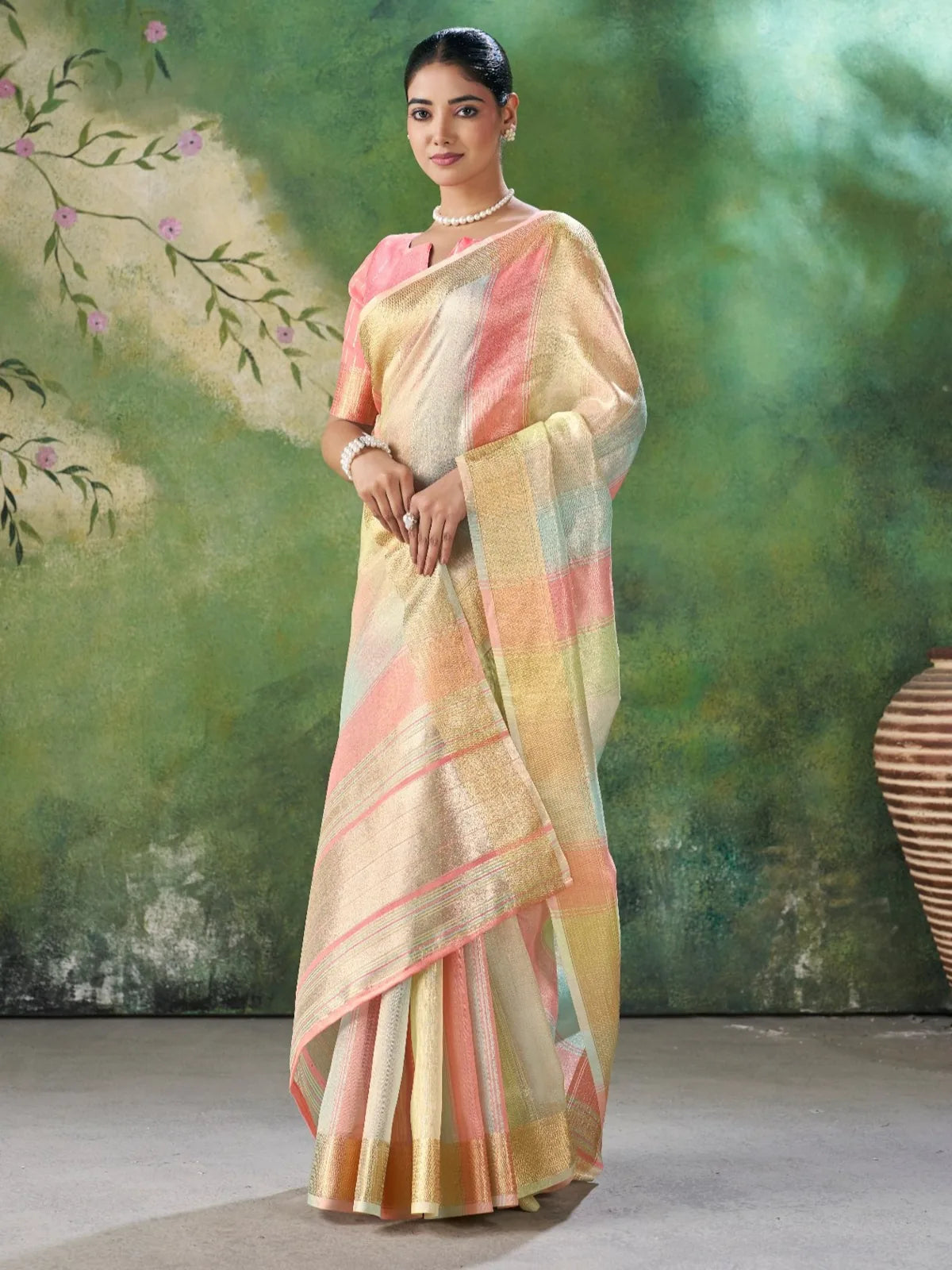 Tarani pink soft linen cotton silk saree full front view with zari work for wedding and party wear