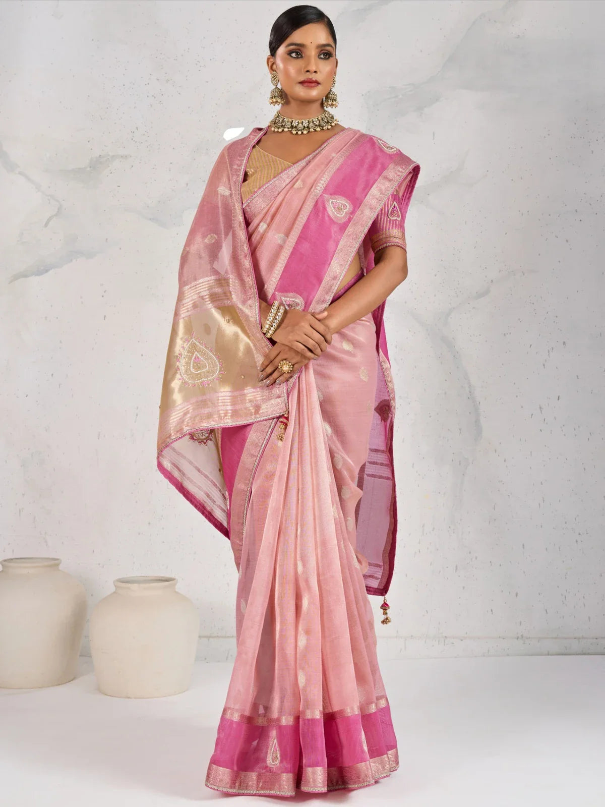 Tarani pink linen saree with zari woven butta full view and handwork blouse