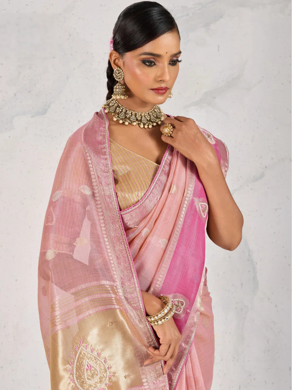 Tarani pink linen saree with zari woven butta upper-body-view and handwork blouse