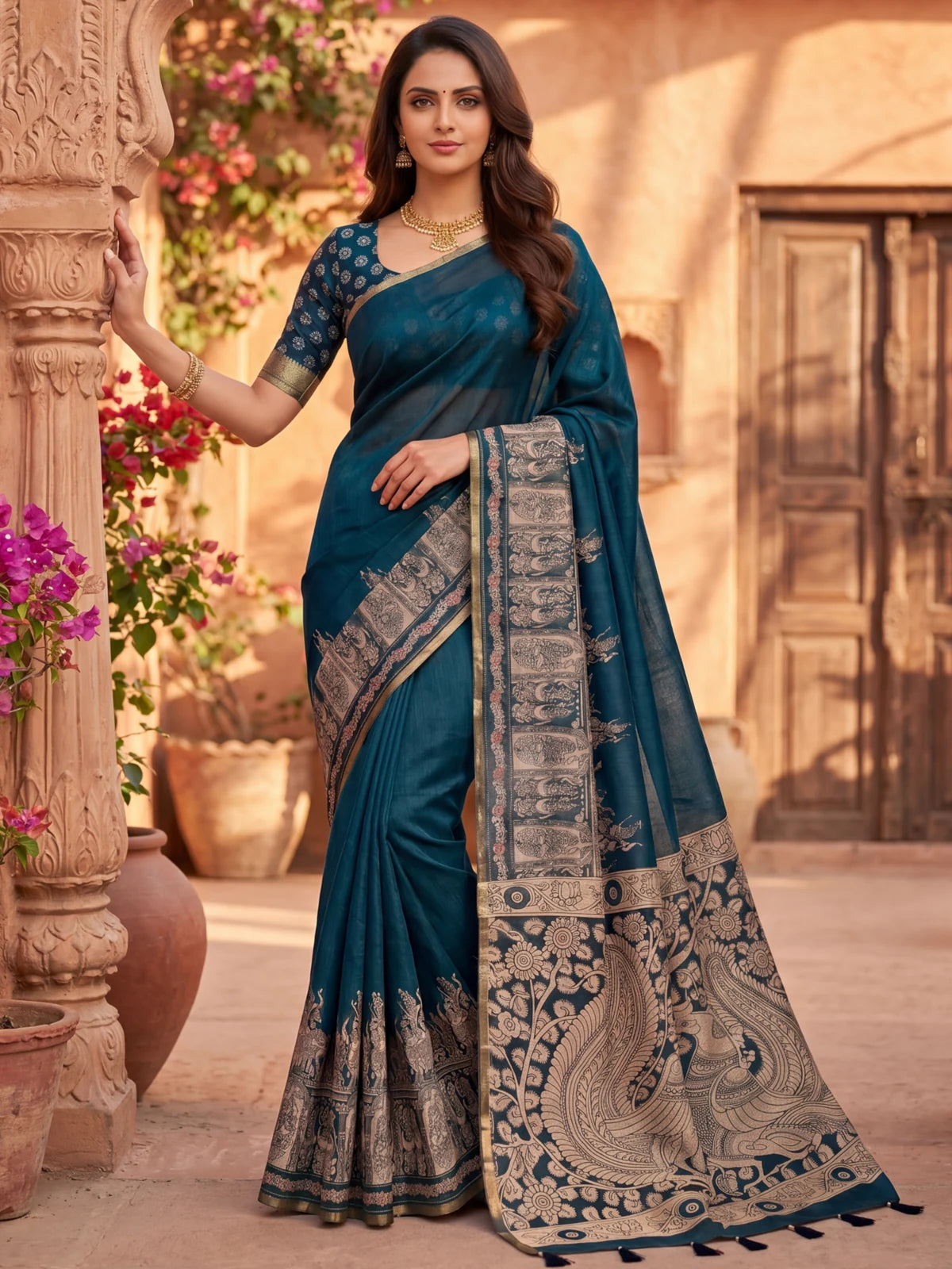 Tarani teal linen saree full view with zari border and woven pallu