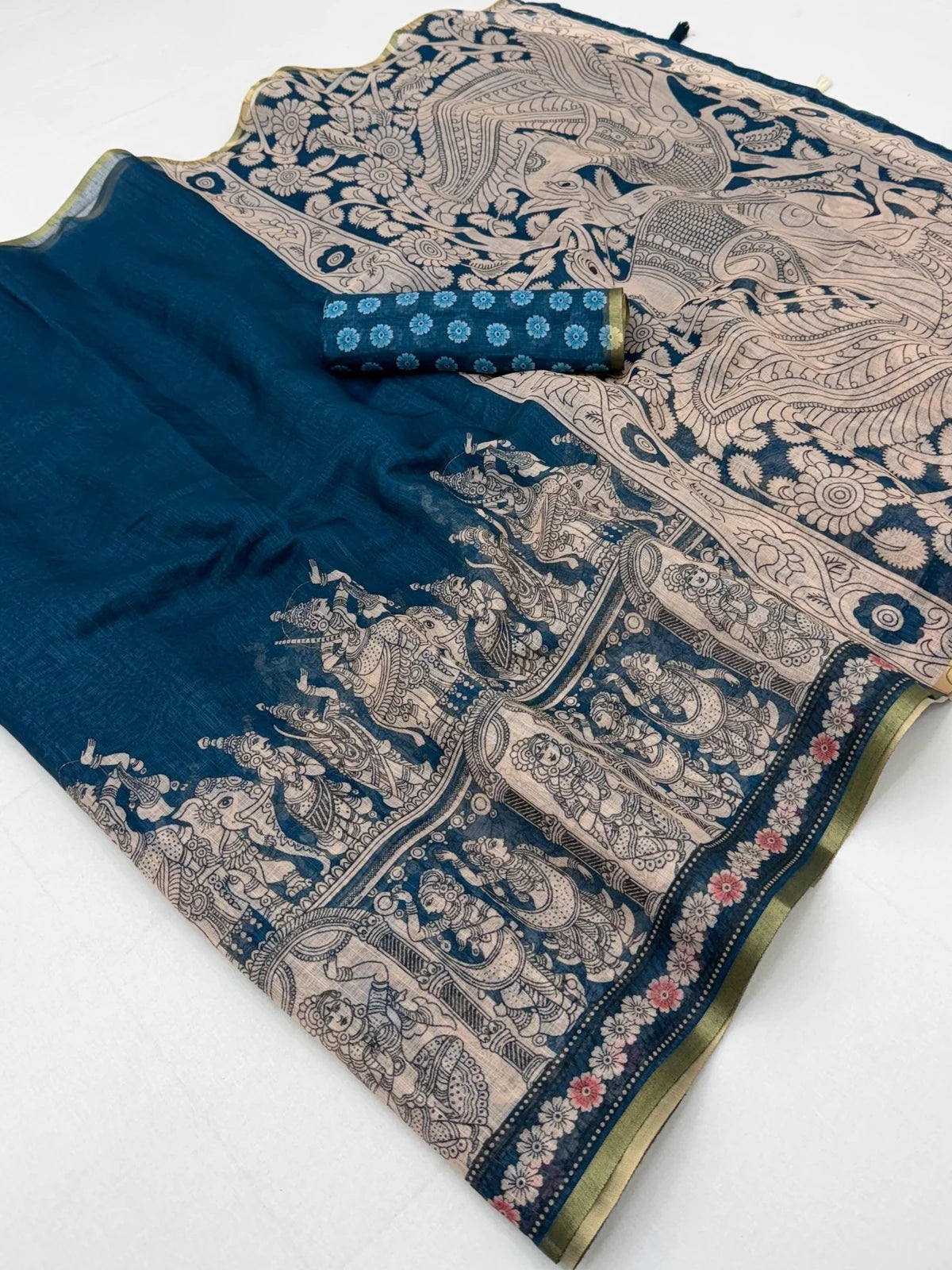Tarani teal linen saree pallu view with traditional woven border