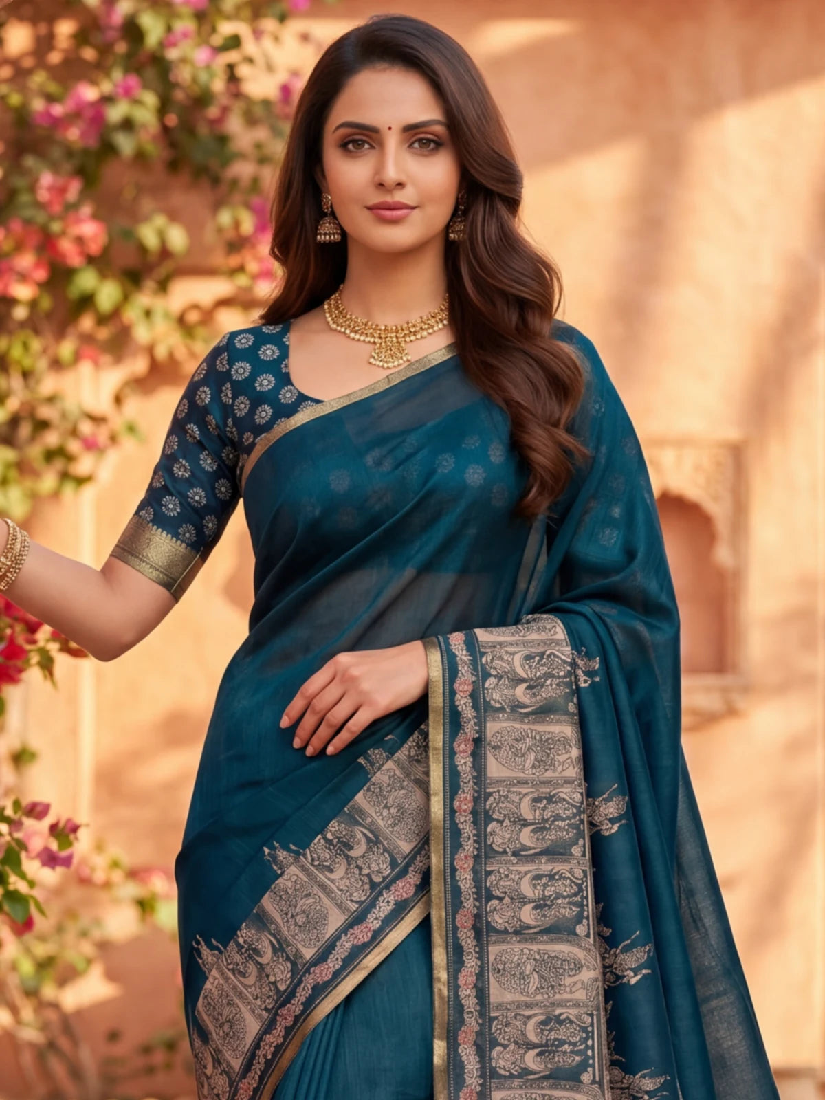Tarani teal linen saree upper body view with woven blouse