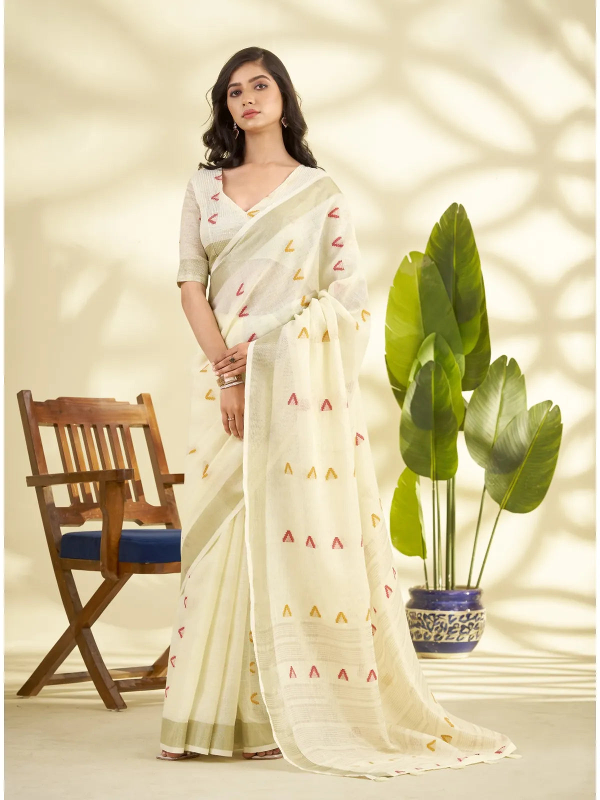 Tarani linen silk off white saree with zari border and multicolor motifs full view for casual or uniform wear