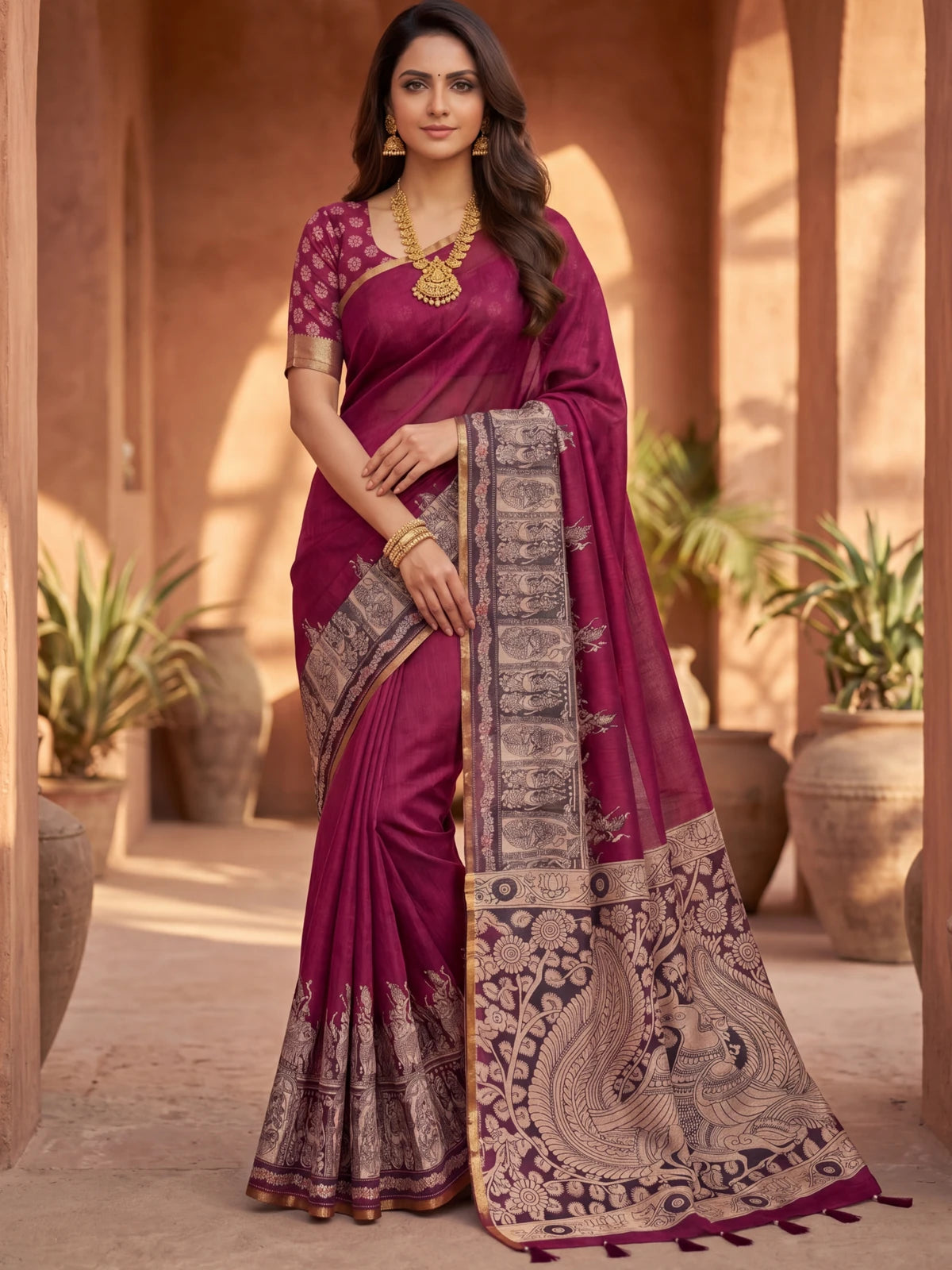 Tarani wine soft cotton based linen saree with zari border full-view