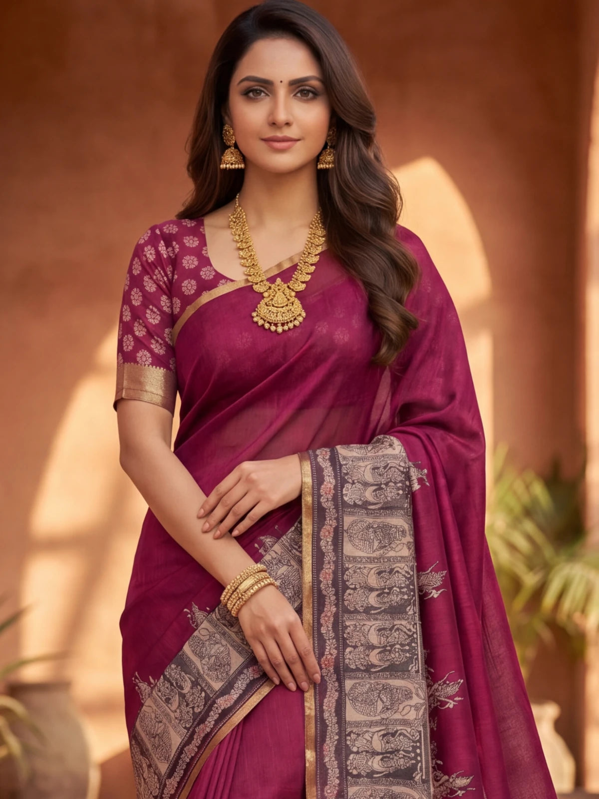 Tarani wine soft cotton based linen saree with zari border upper-body-view