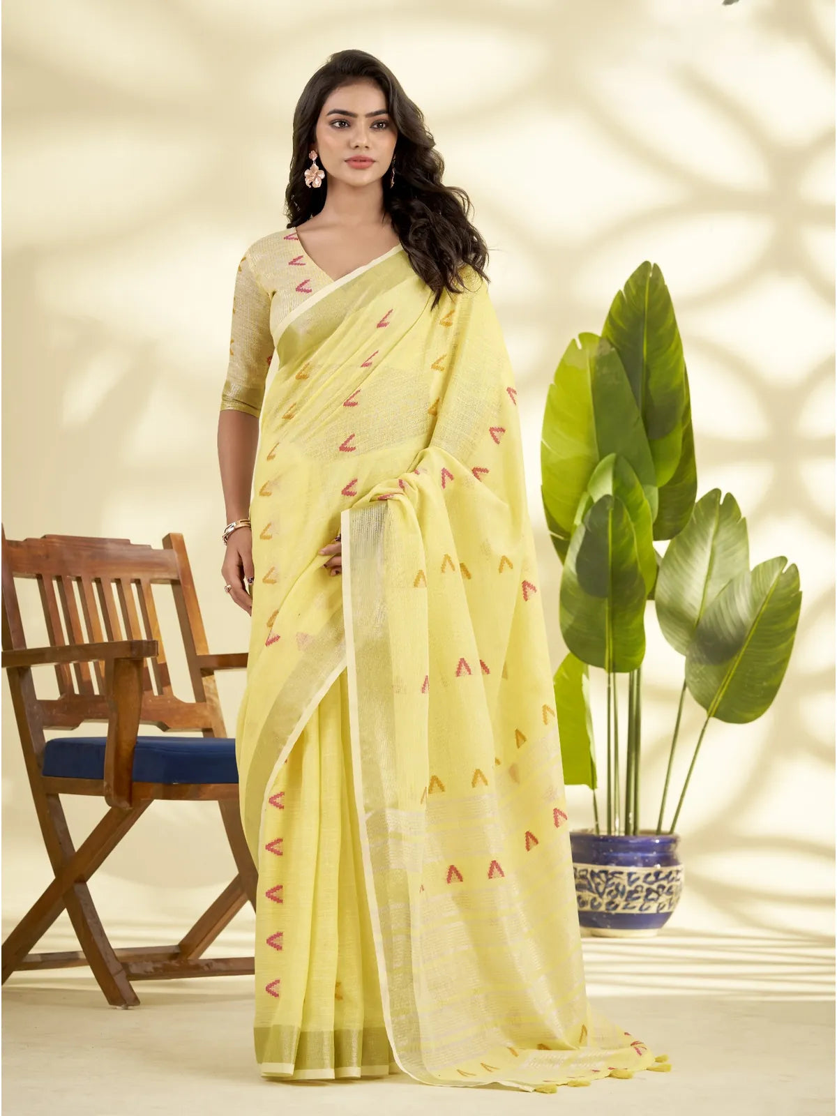 Tarani yellow linen silk saree with zari border and multicolor motifs full view for casual elegance