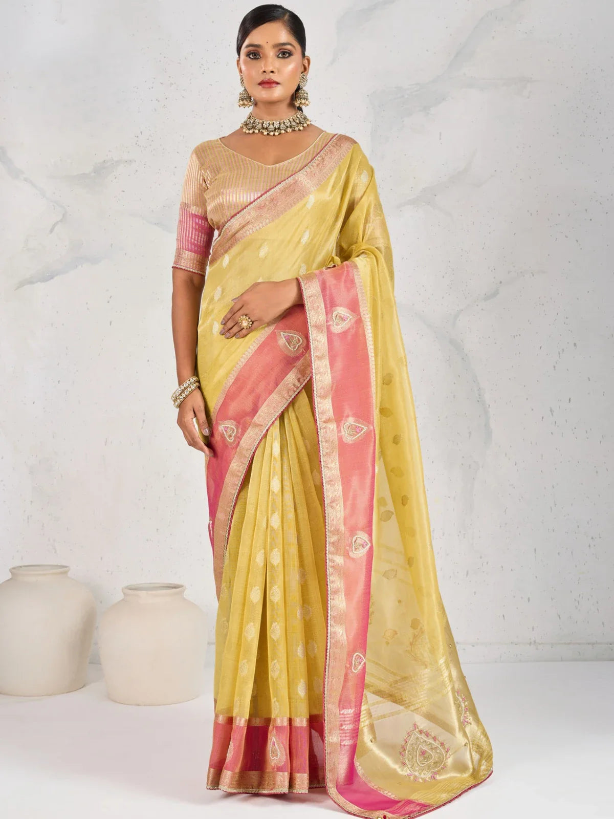 Tarani yellow linen saree with zari woven butta and contrast blouse full view