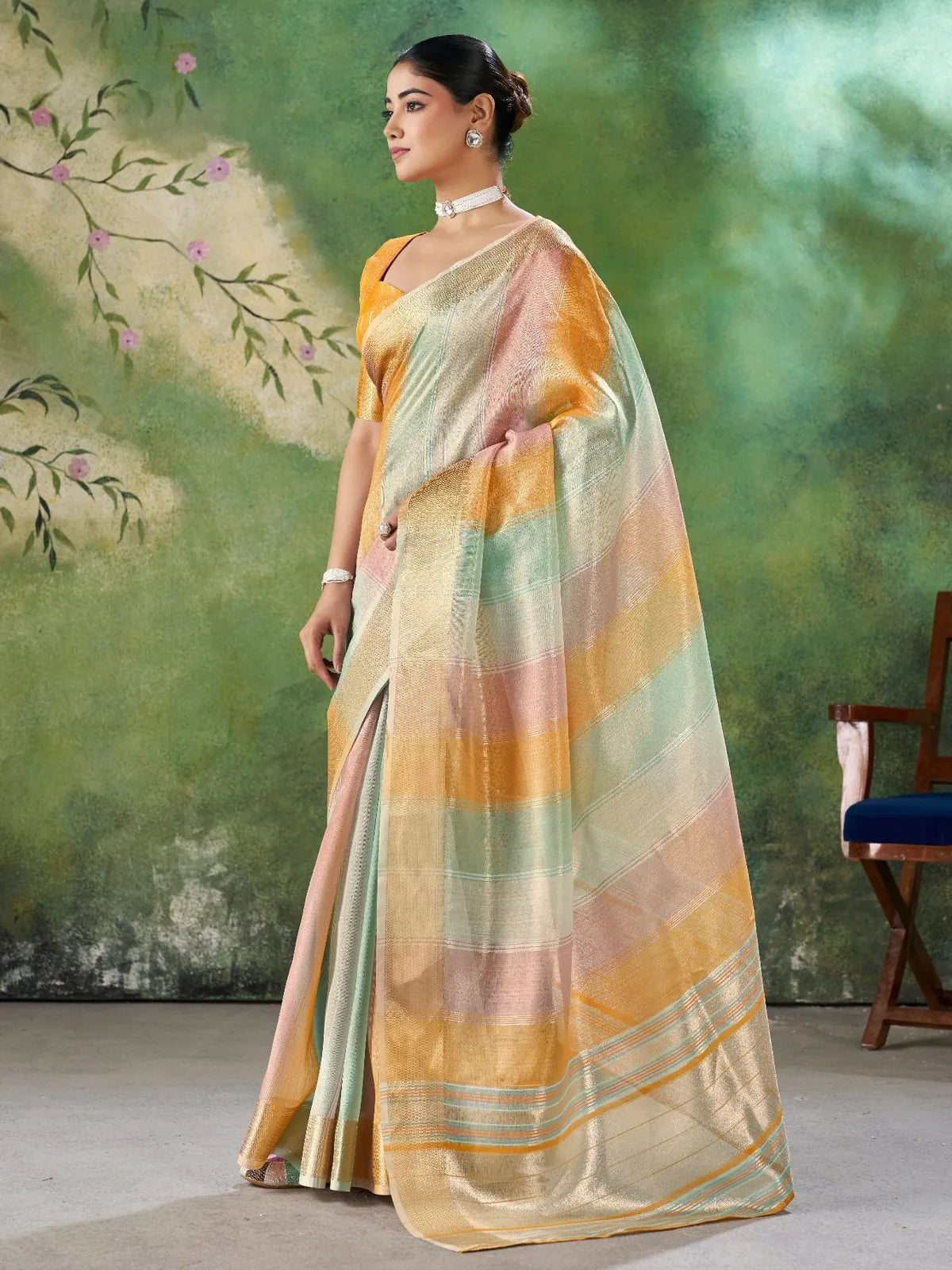 Tarani mustard linen cotton silk saree elegant side drape view