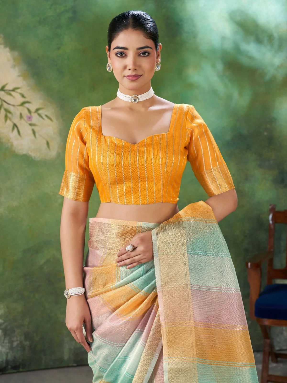 Tarani mustard linen cotton silk saree blouse and upper body detail view
