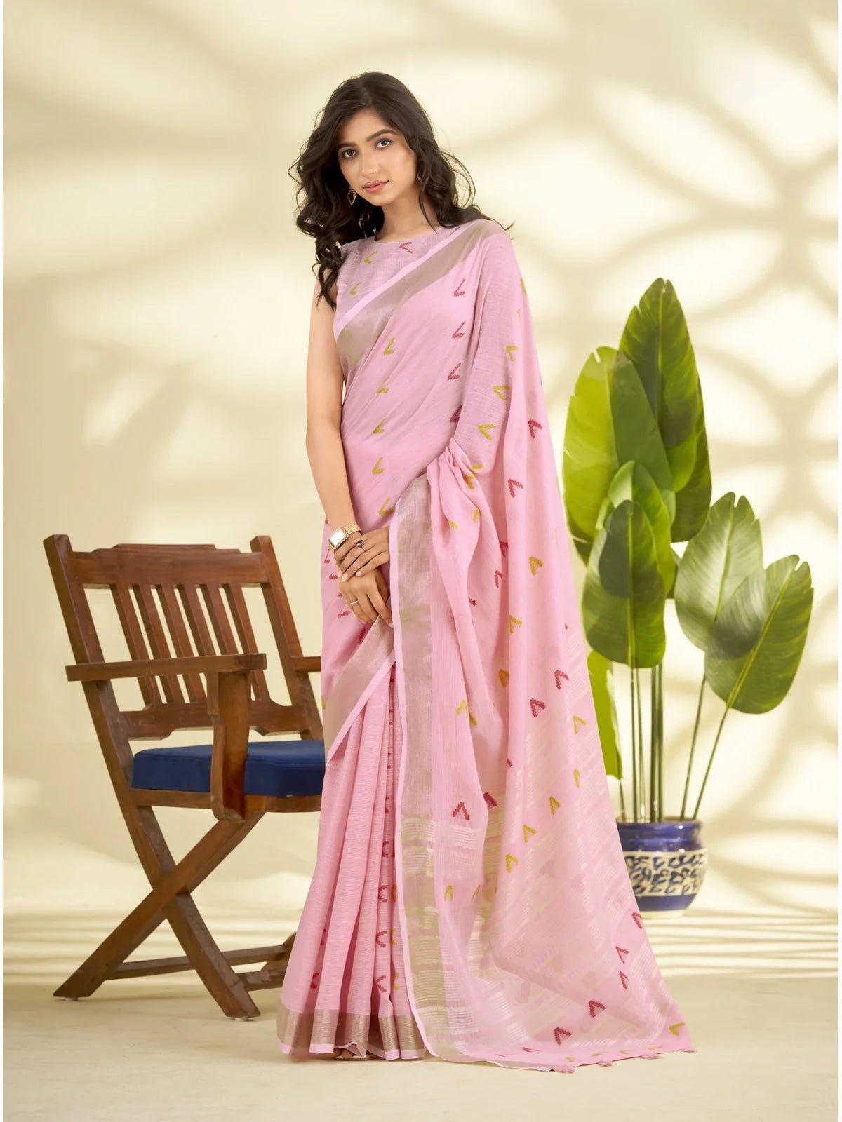Tarani pastel pink linen silk saree with zari border full front view