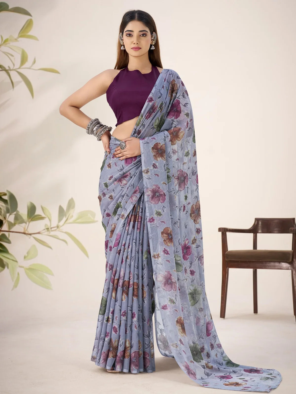 Tarani blue Lurex Brasso saree with floral design and natural silk blouse front view