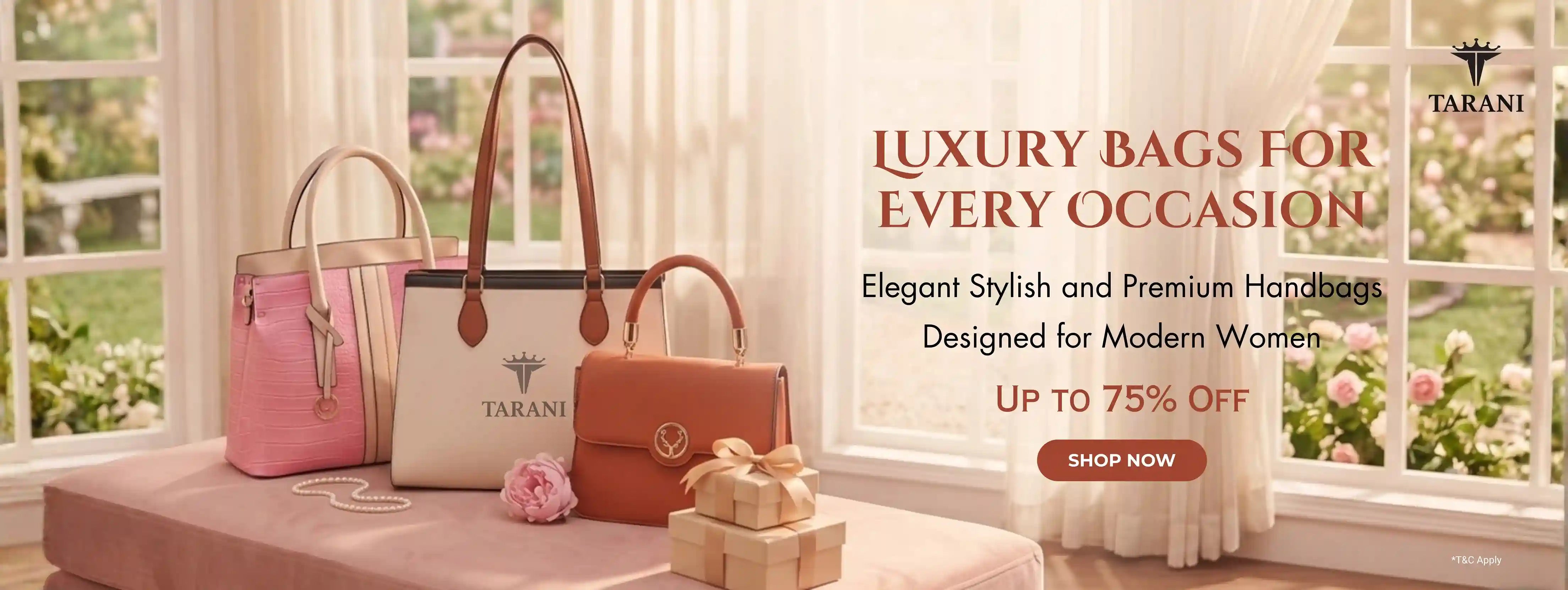 Tarani luxury handbags collection banner featuring premium stylish handbags for modern women with up to 75 percent off sale offer