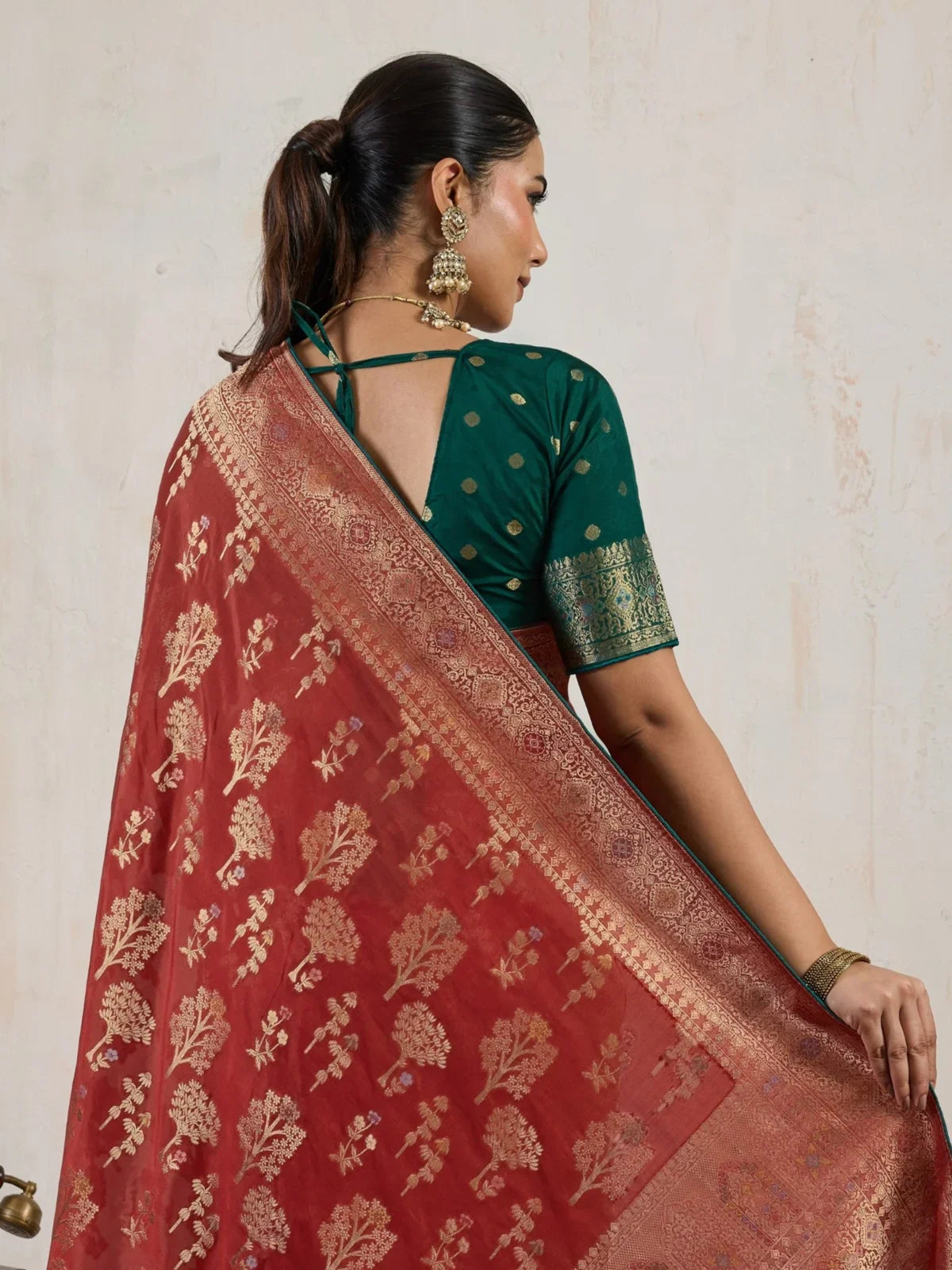 Tarani maroon makhmal saree back blouse view with golden embroidery and tassels