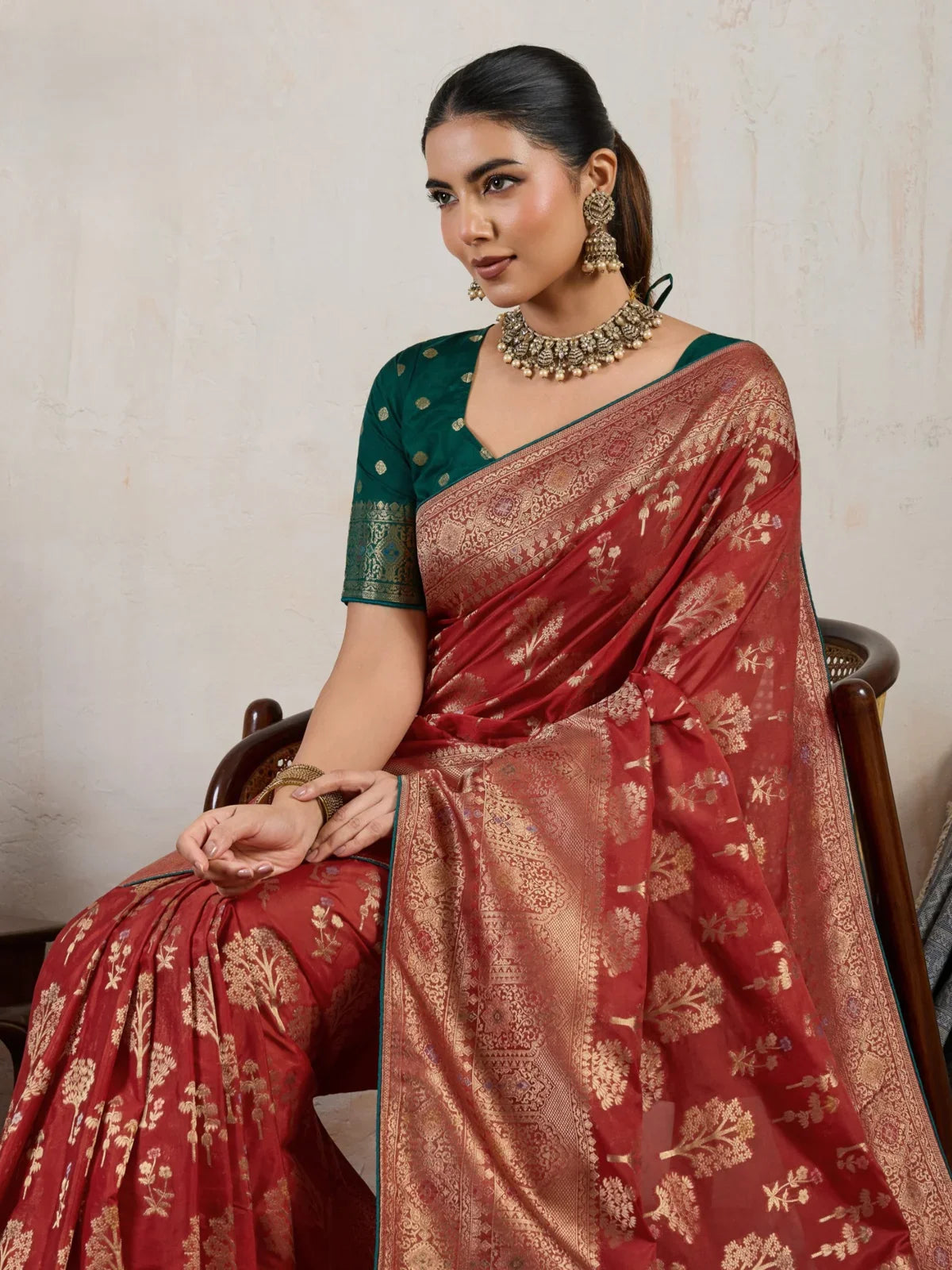 Tarani maroon soft silk saree upper body closeup showing blouse and zari border