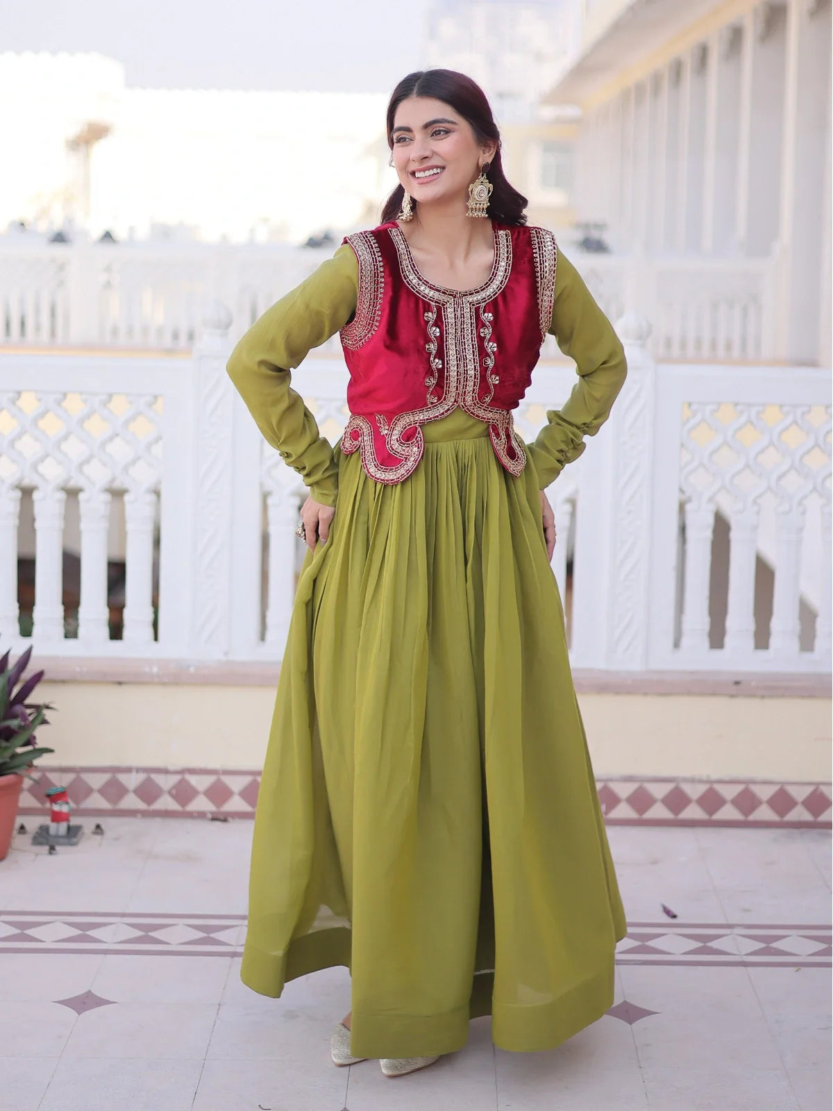 Tarani green Mal Chanderi gown with embroidered red velvet koti full view