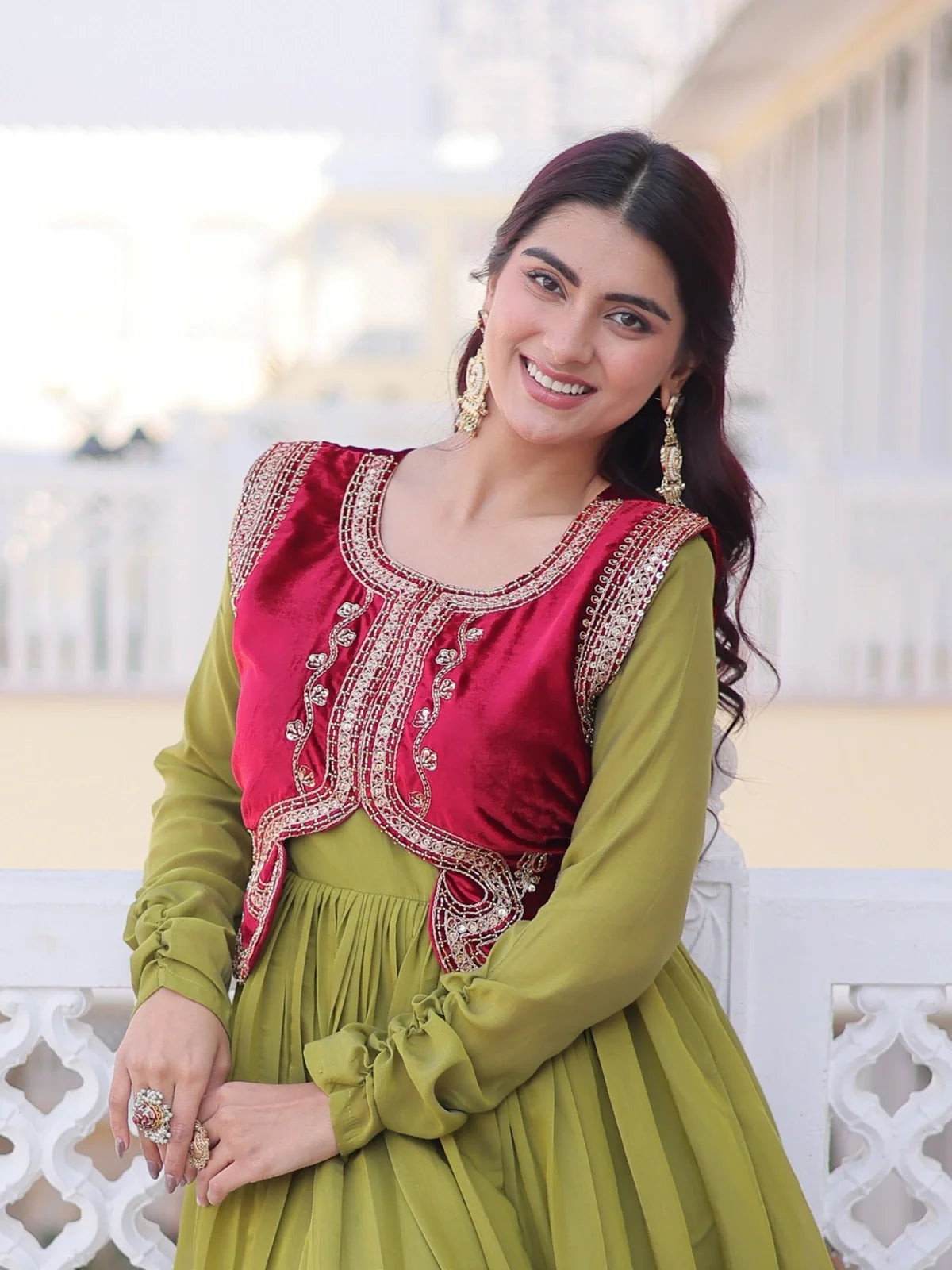 Tarani festive Mal Chanderi gown showing upper body with designer red koti