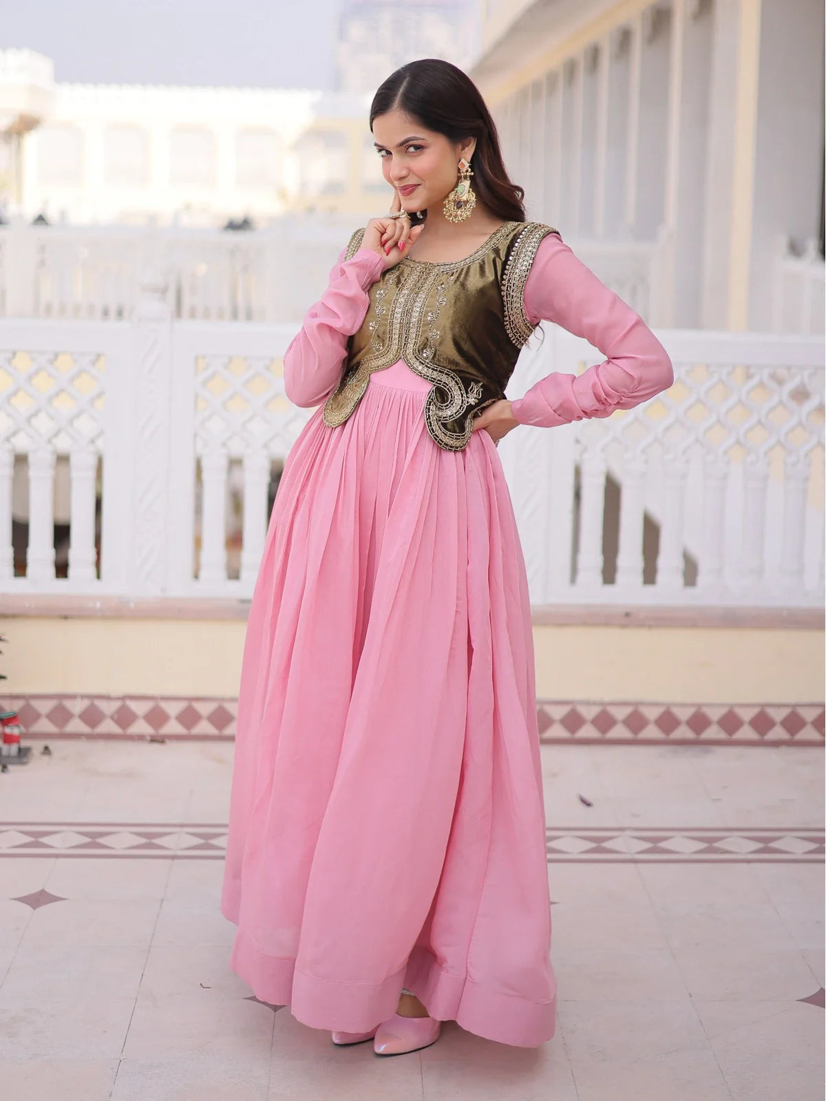 Tarani pink Mal Chanderi gown full view with designer sleeveless velvet koti for festive wear