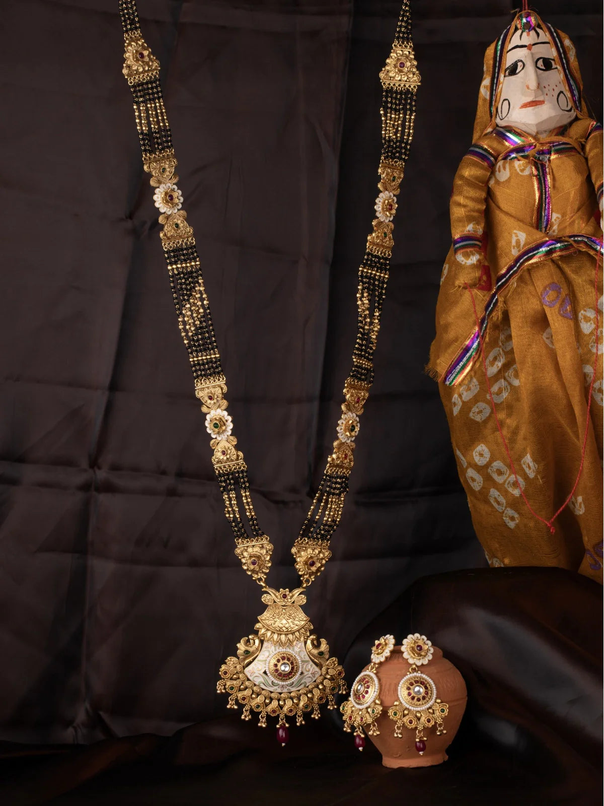 Tarani designer gold plated meenakari mangalsutra full view with matching earrings