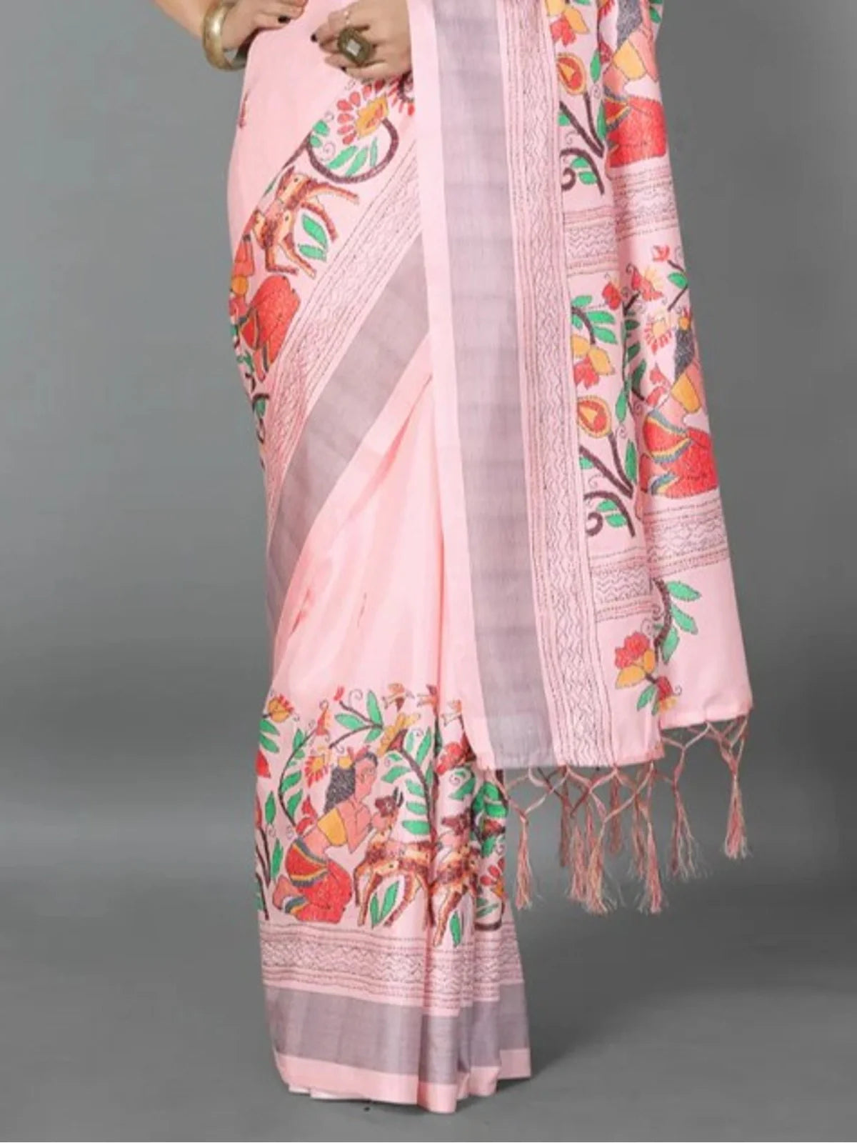 Tarani Manipuri printed pink saree pallu view highlighting detailed border