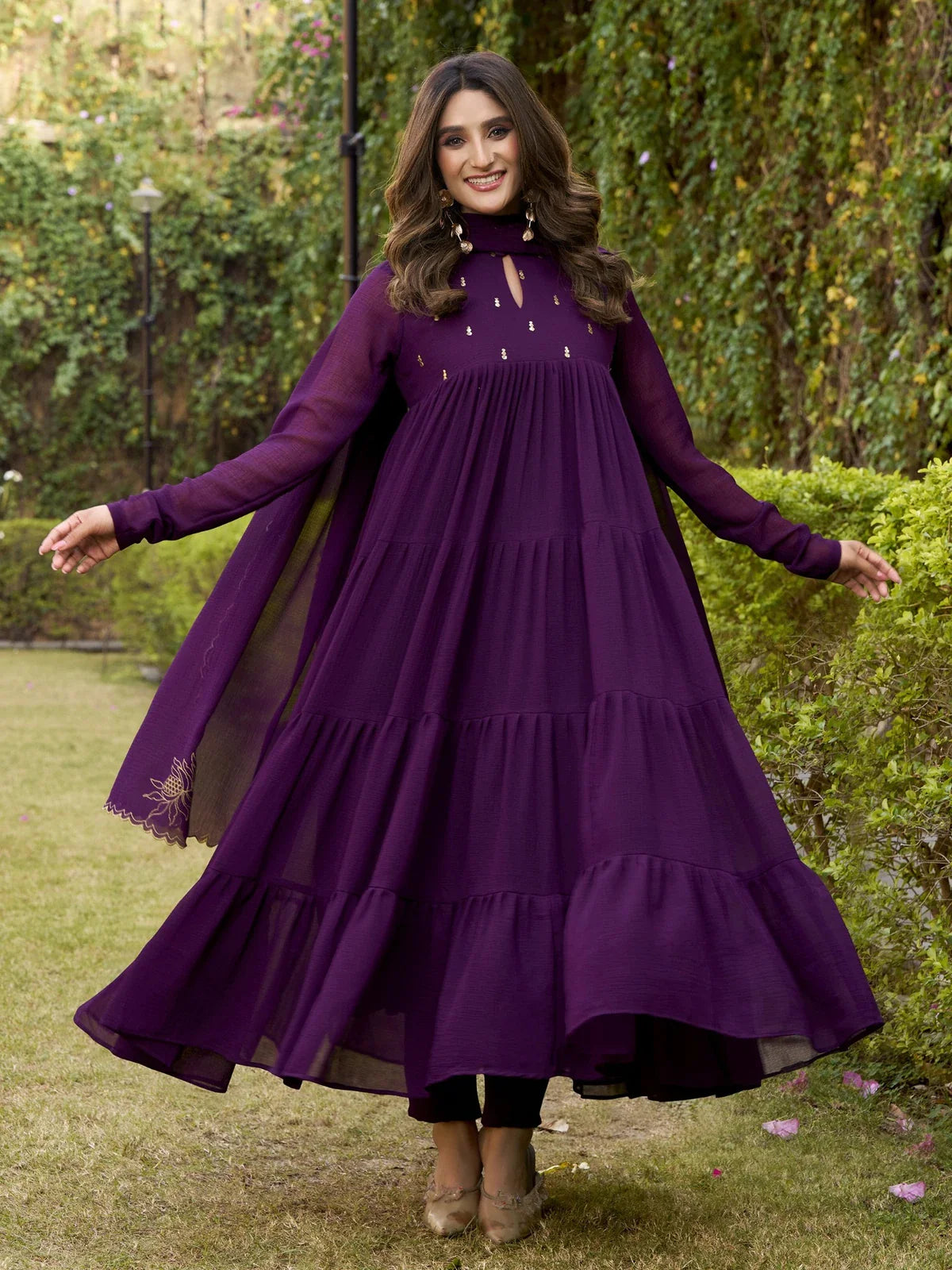Tarani stylish marbel Anarkali dress front pose showing neckline detailing and graceful drape