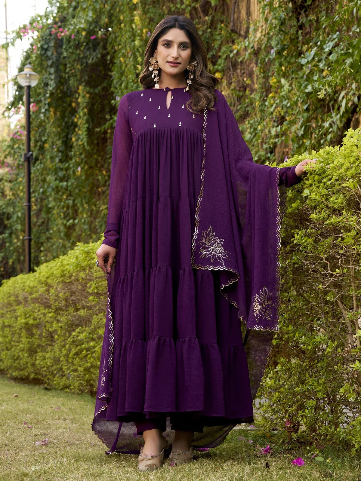 Tarani premium marbel purple Anarkali dress with full view and elegant foil work for festive occasions