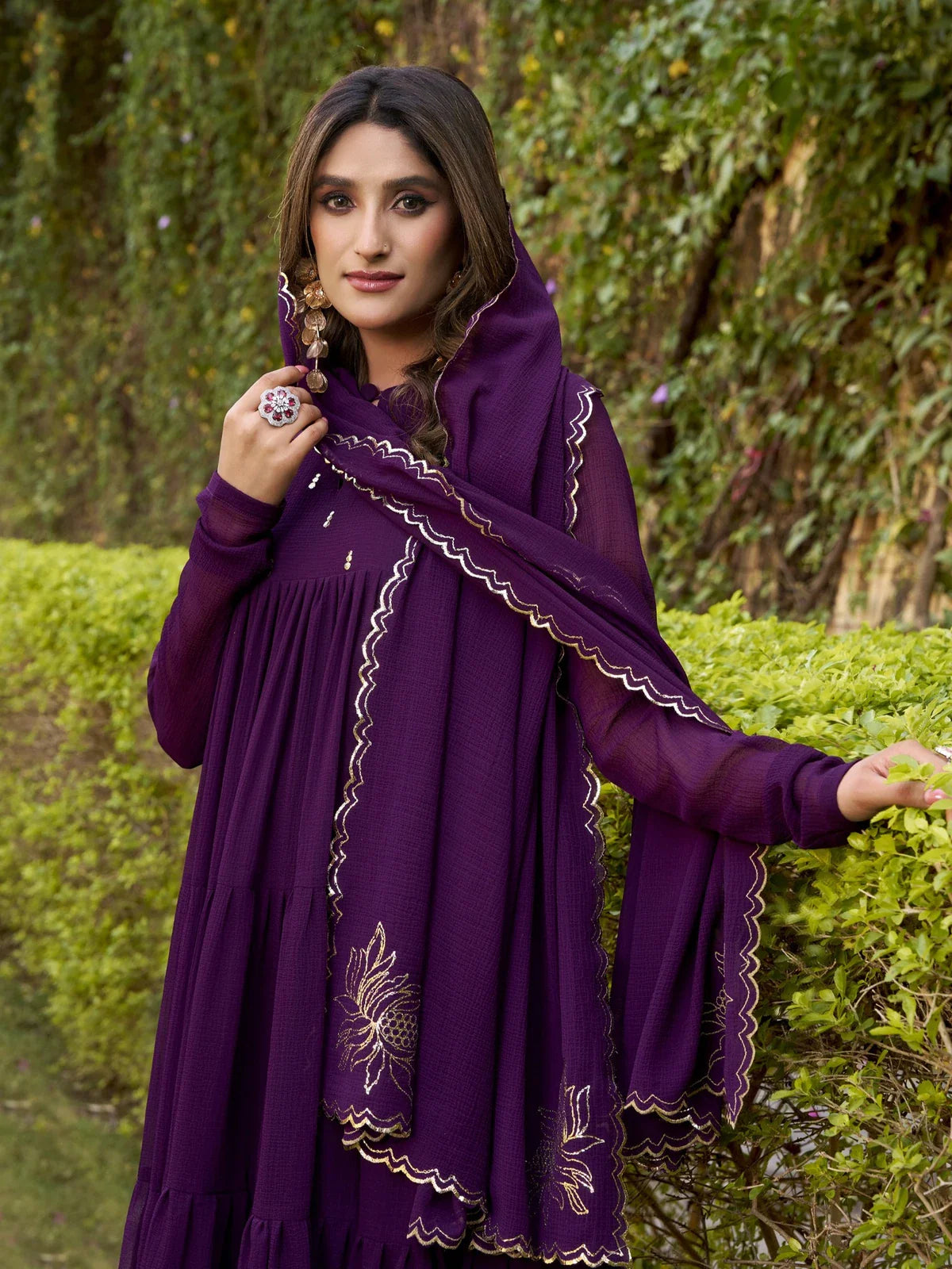 Tarani marbel dress upper-body view with foil work and embroidered dupatta in rich purple