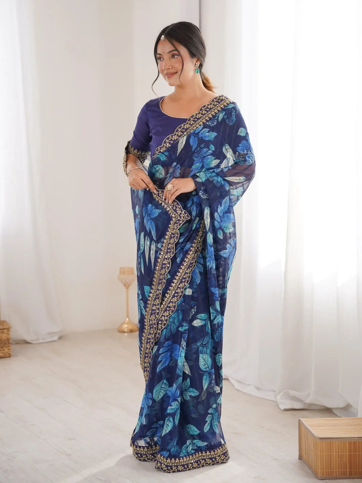 Tarani navy blue floral marble saree with golden scallop border and mono blouse for festive occasions