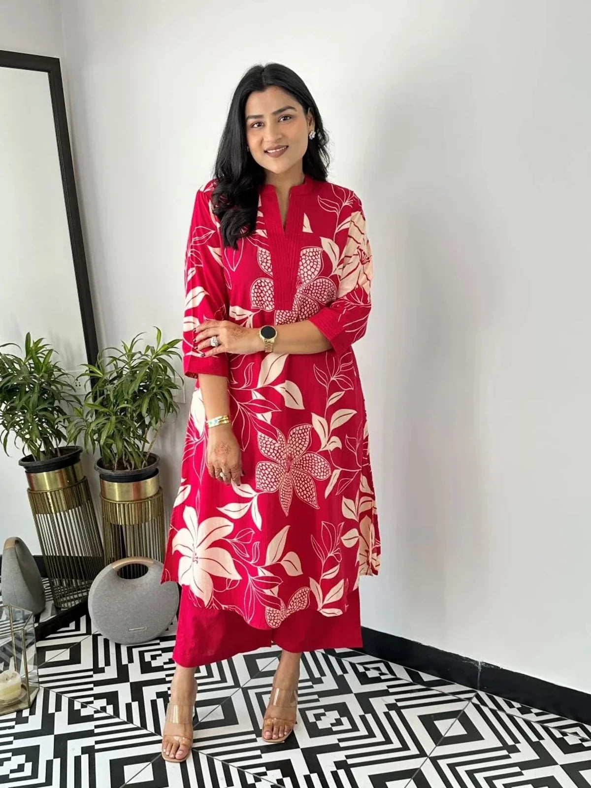 Tarani red printed maslin dress front view with kurti and pant