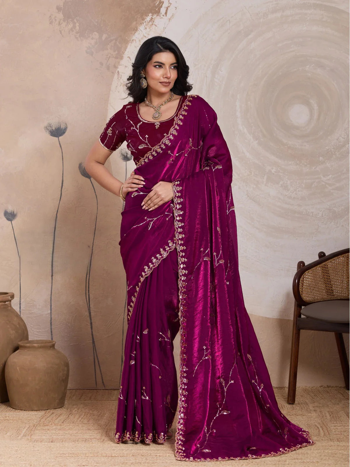 Tarani magenta velvet satin saree full view with zari cutdana sequin work