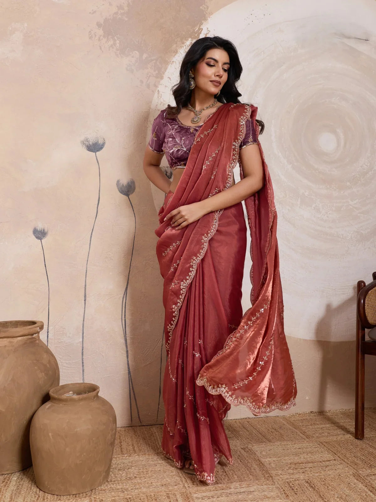 Tarani premium metallic velvet satin maroon saree with plum purple blouse front view festive partywear