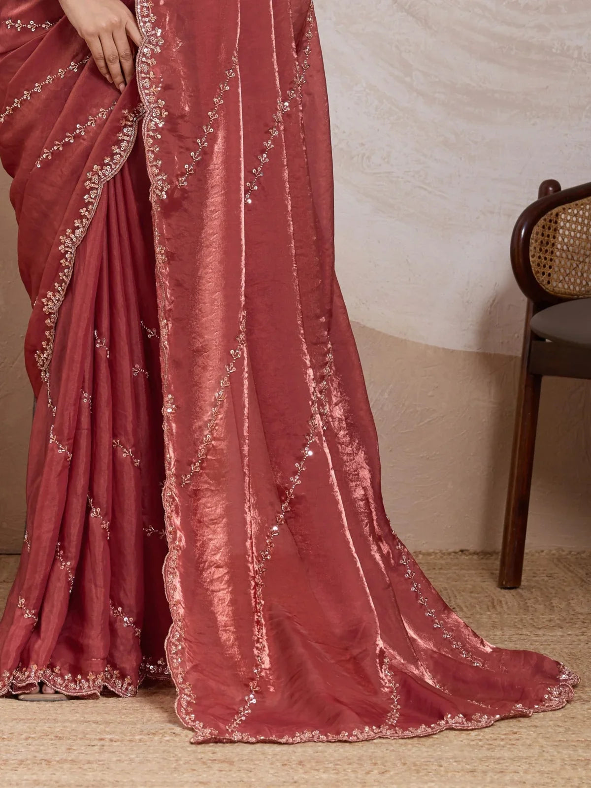 Tarani party wear maroon velvet satin saree closeup showing cutdana beads and scallop pallu design
