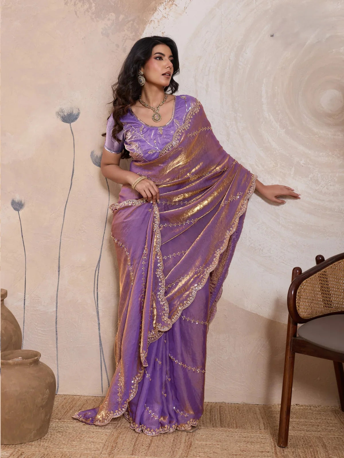 Tarani purple metallic velvet satin saree with golden embroidery and festive blouse full view