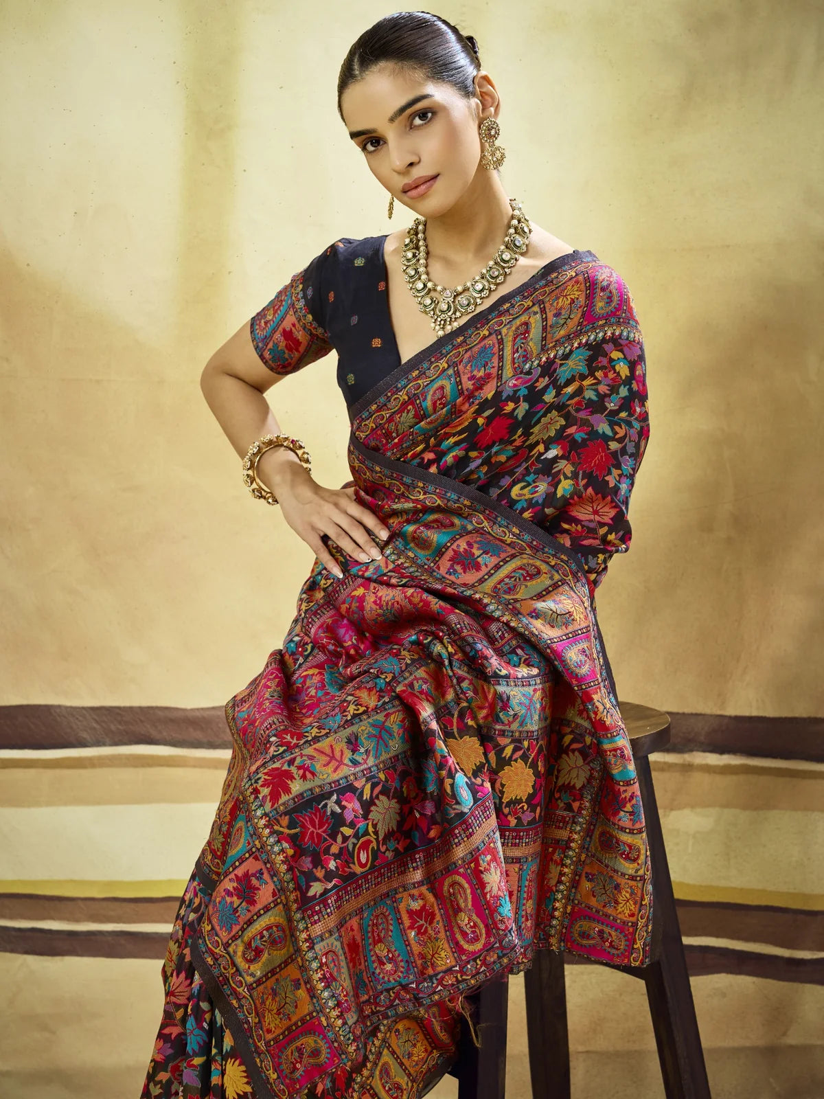 Tarani Aakriti black modal cotton Pashmina weaving saree closeup with detailed floral weaving