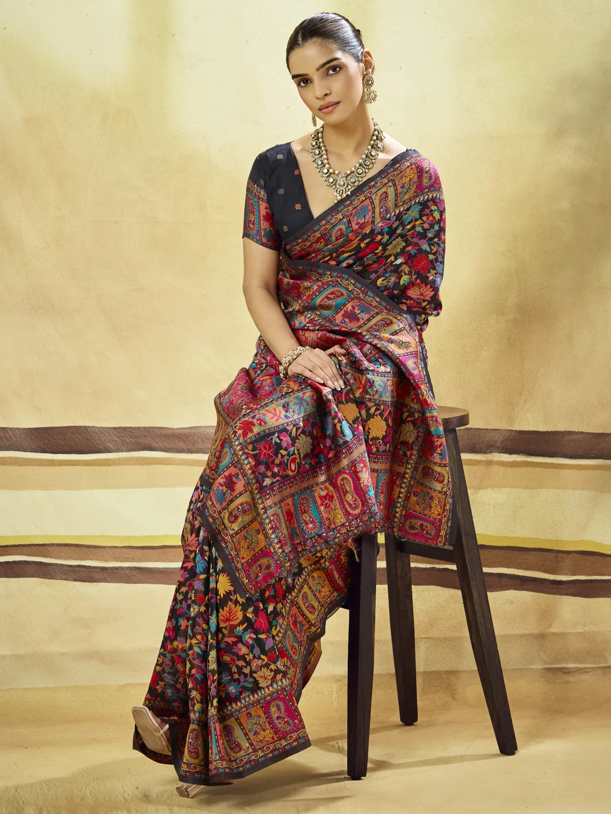 Tarani Aakriti black modal cotton Pashmina weaving saree front view with ornate woven pallu