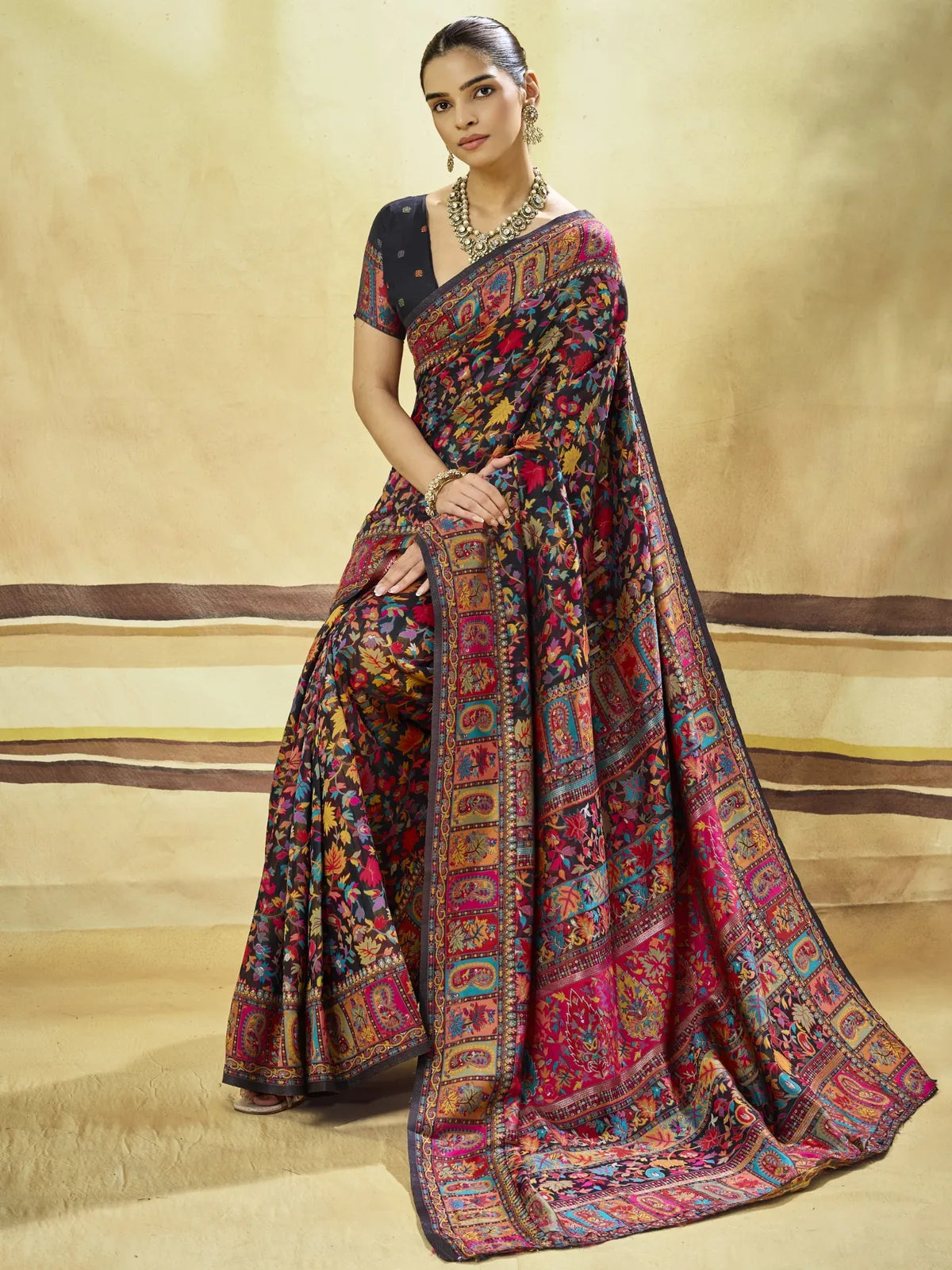 Tarani Aakriti black modal cotton Pashmina weaving saree pallu view with rich multicolor motifs