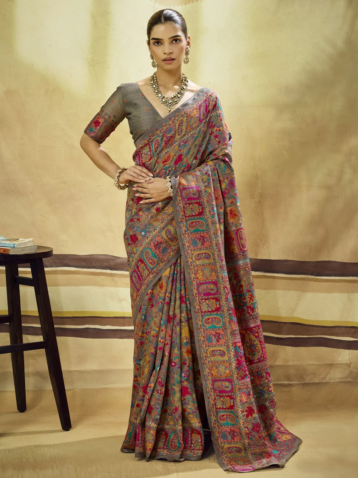 Tarani Ayushiya grey Modal Cotton Pashmina weaving saree full view with multicolor floral design