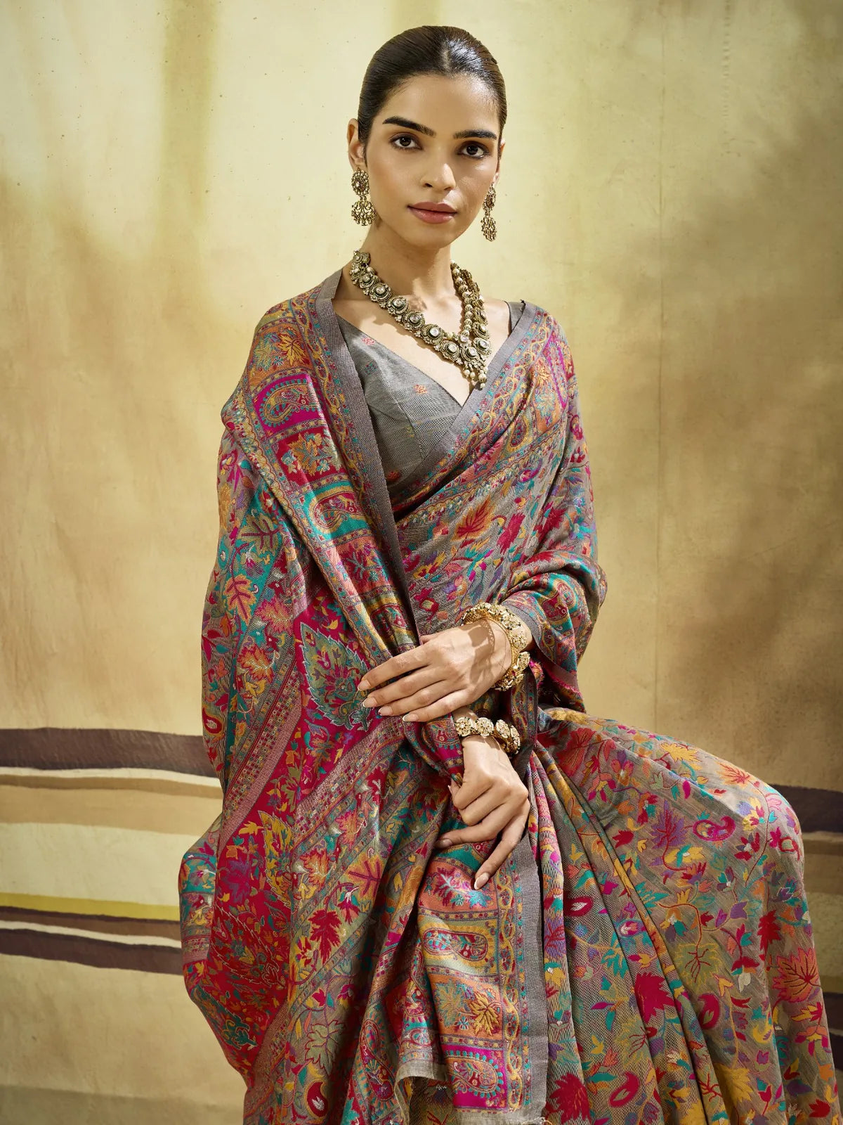 Tarani Ayushiya grey Modal Cotton Pashmina saree pallu view with ornate multicolor woven detailing