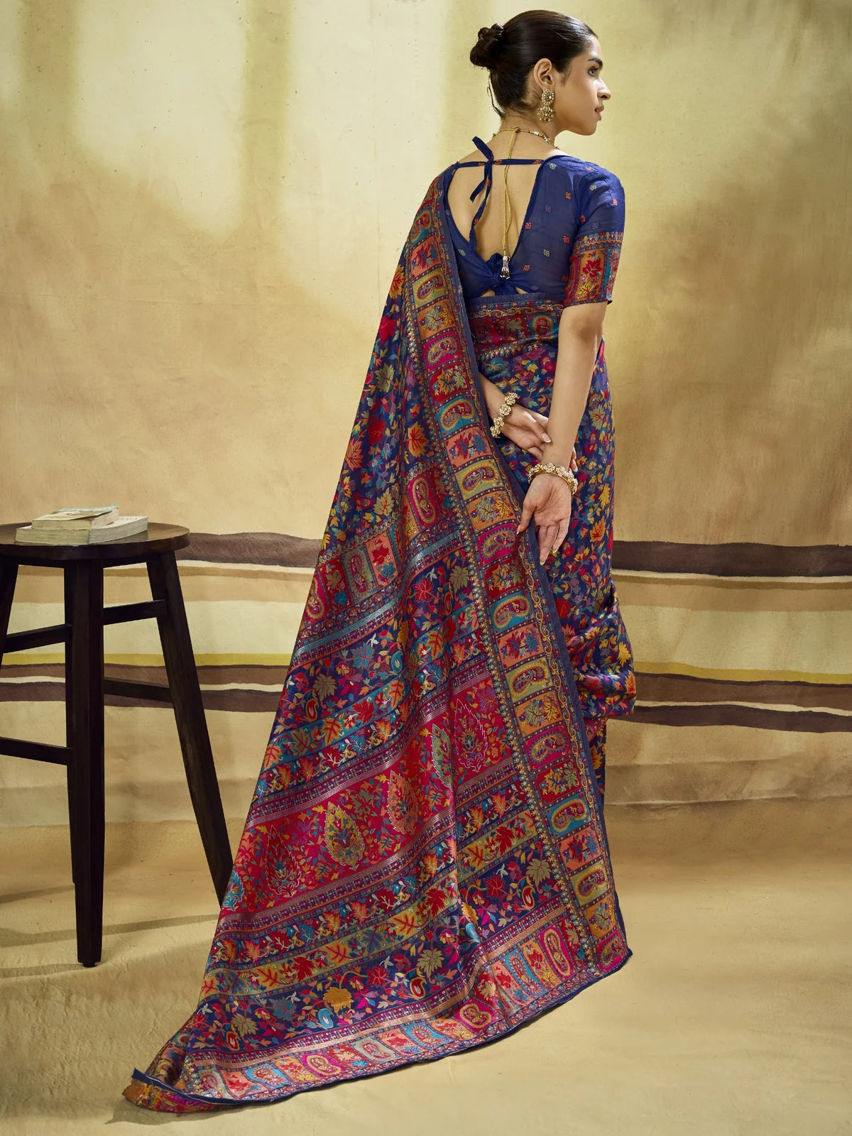 Tarani Sandhya navy blue Modal Cotton Pashmina saree back view with matching blouse and statement pallu