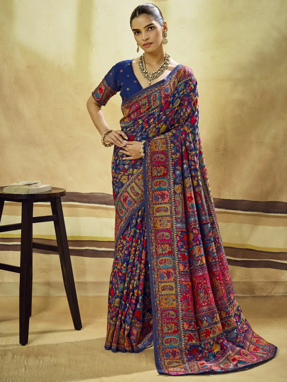 Tarani Sandhya navy blue Modal Cotton Pashmina saree full view with multicolor woven floral design