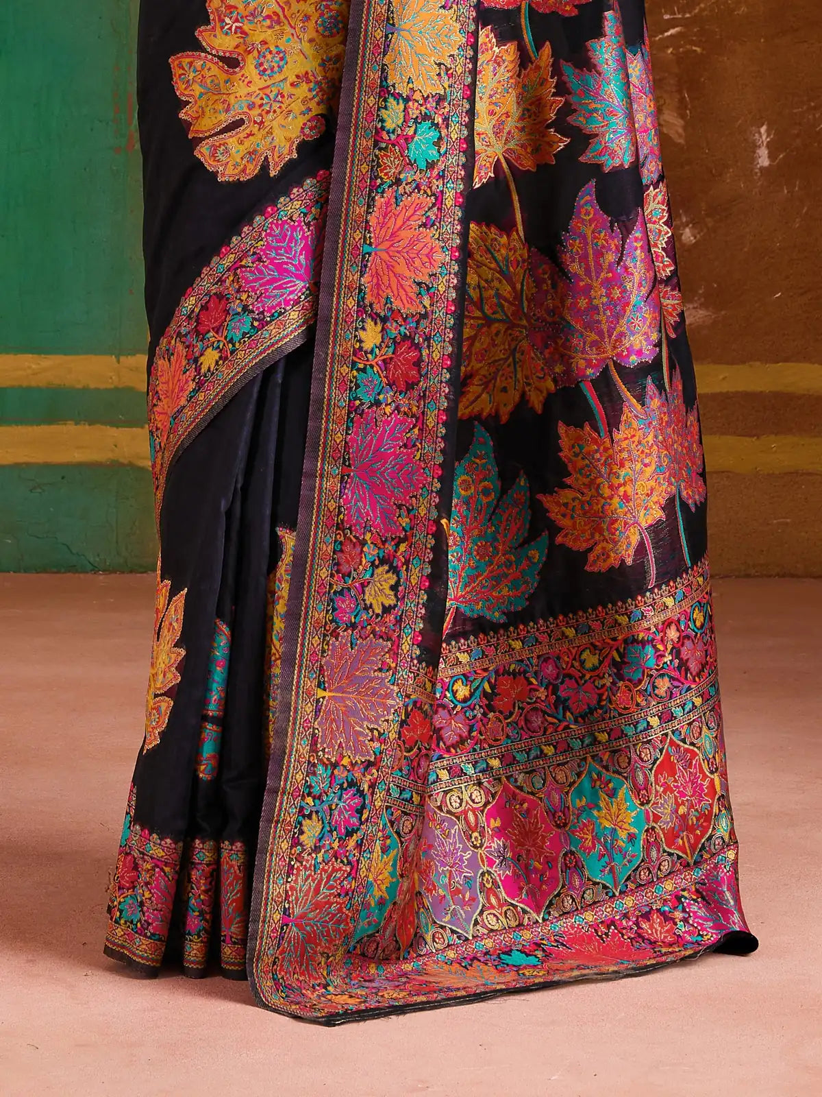 Tarani closeup view of modal cotton saree with intricate Kashmiri border and leaf motifs