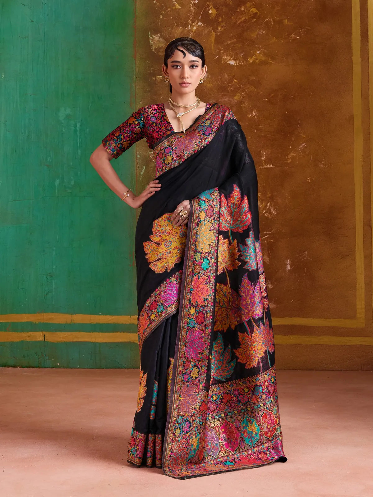 Tarani black modal cotton saree with vibrant multicolor motifs and full-view styling