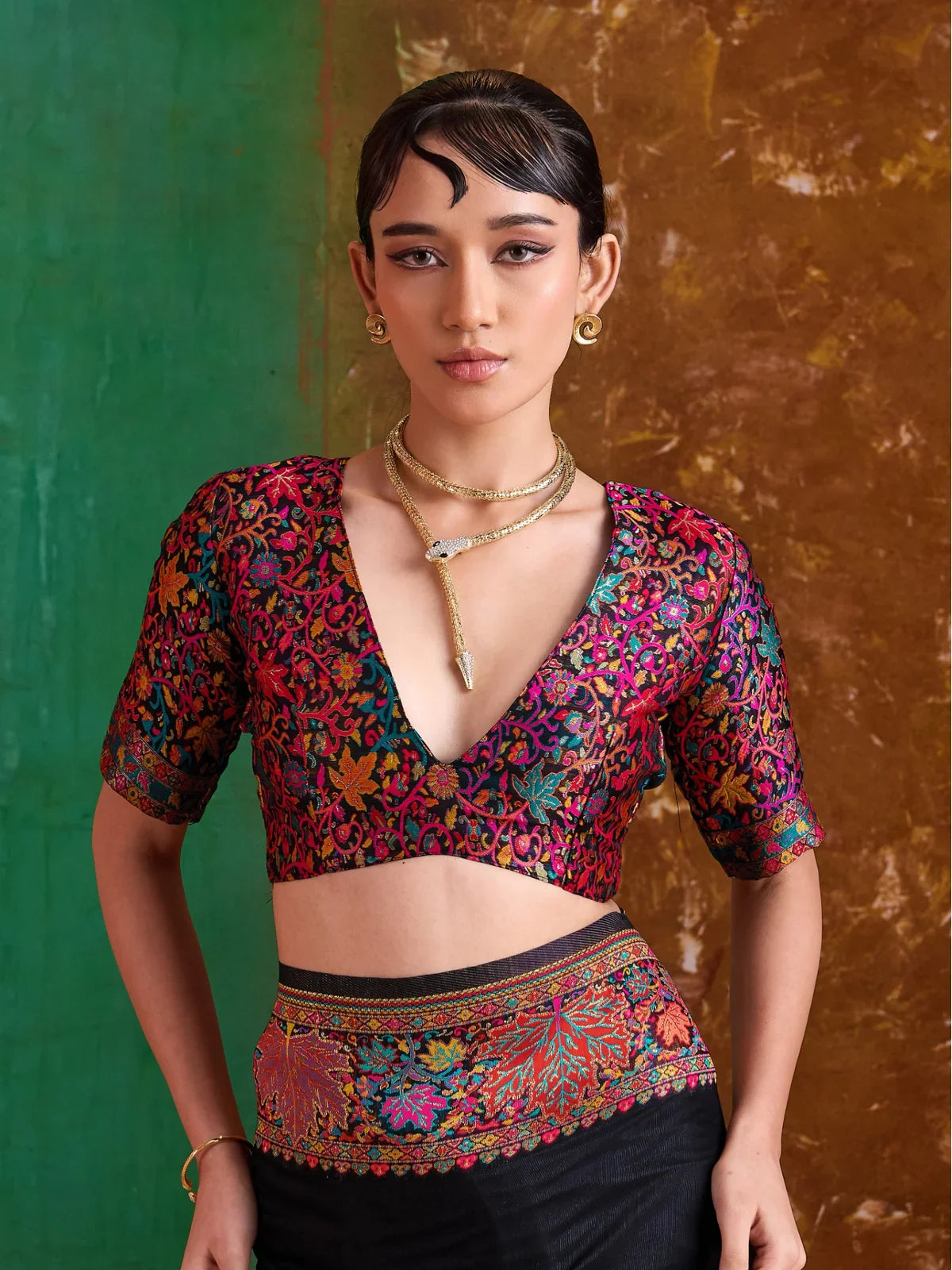 Tarani black saree upper body view with detailed red green yellow embroidered blouse