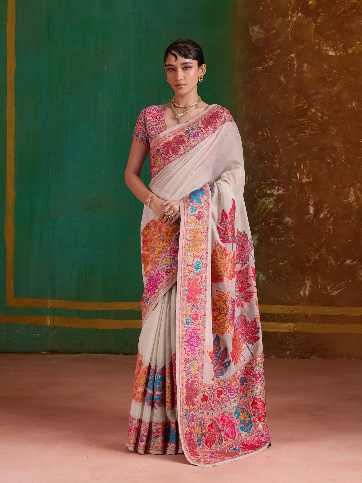 Tarani off white modal cotton pashmina saree with multicolor embroidered leaves full front view