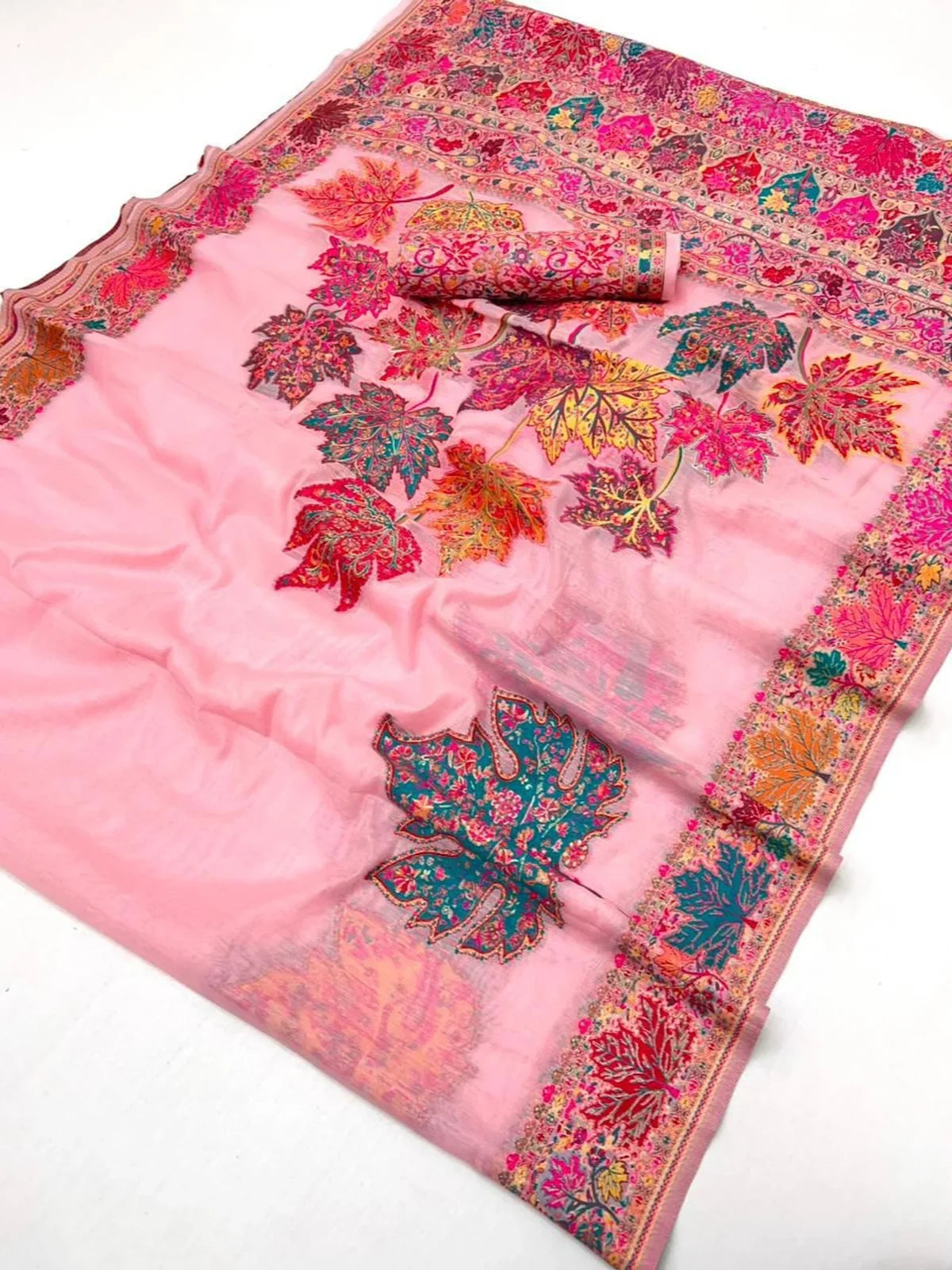 Tarani modal cotton saree pallu view with multicolored woven leaf motifs and border