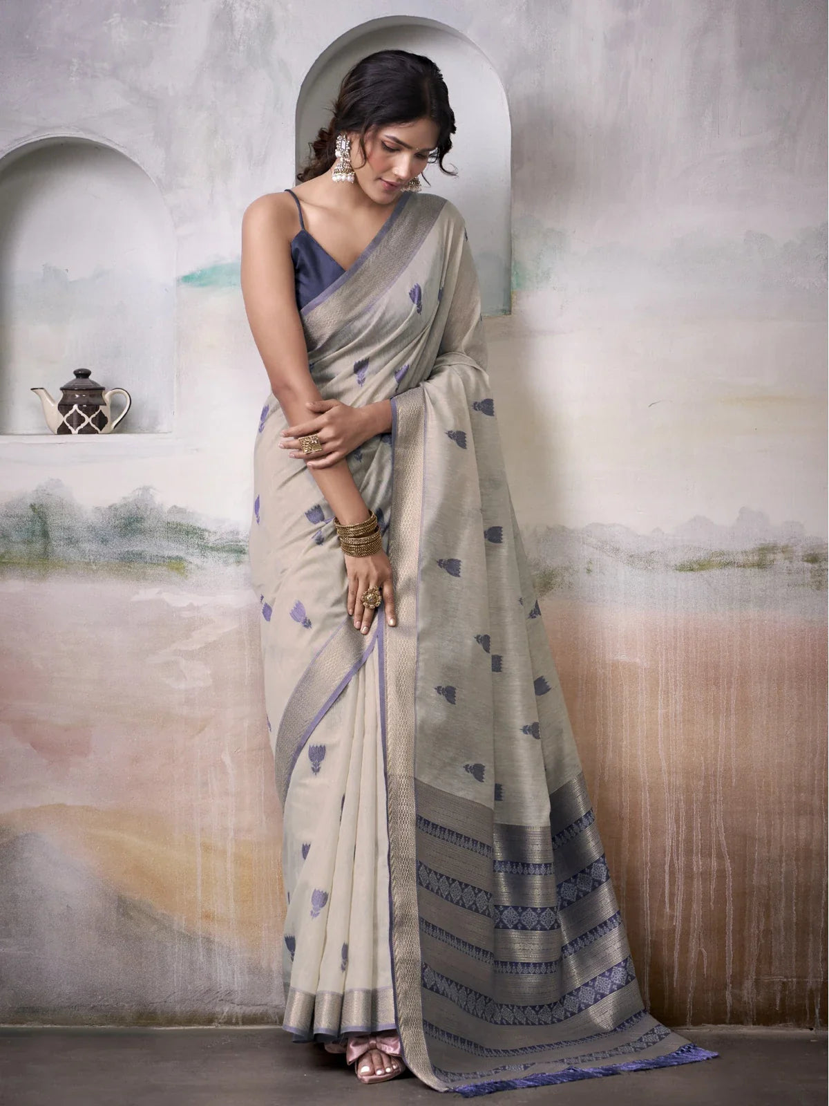 Tarani beige modal cotton saree full view with zari border