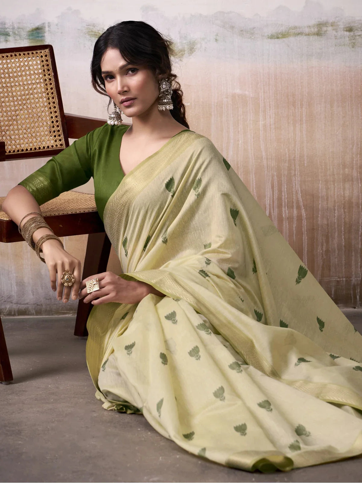 Tarani green Modal Cotton saree upper body view highlighting zari border and woven design