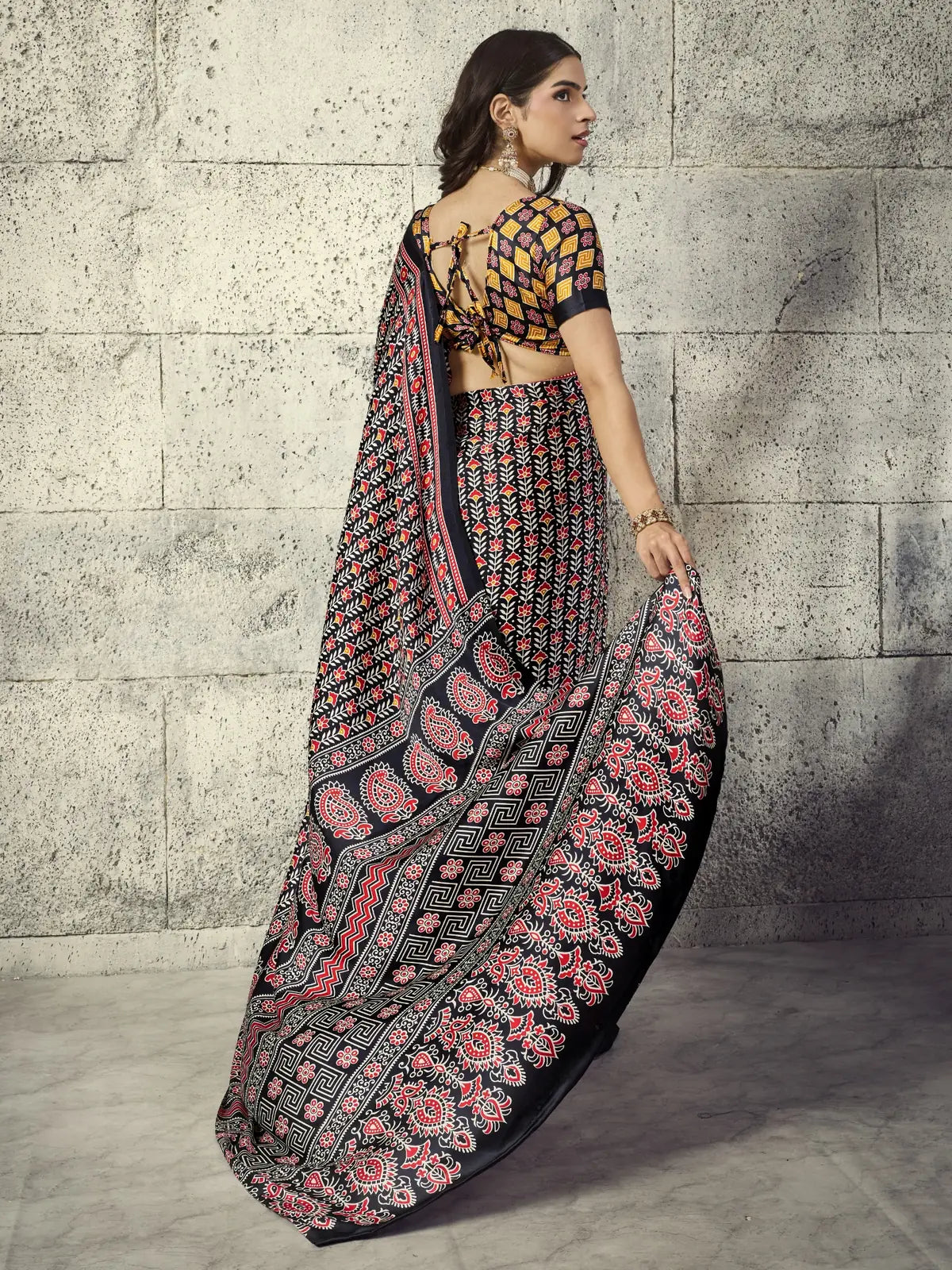Tarani Nayana black Modal Satin Ajrakh saree back view with stylish back blouse pattern