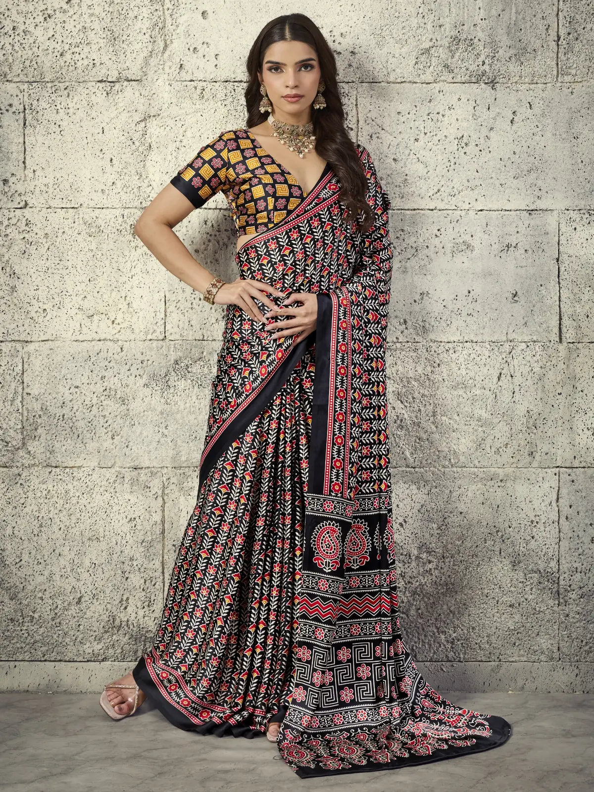 Tarani Nayana black Modal Satin Ajrakh print saree full view with floral motifs and printed blouse for casual and carnival wear