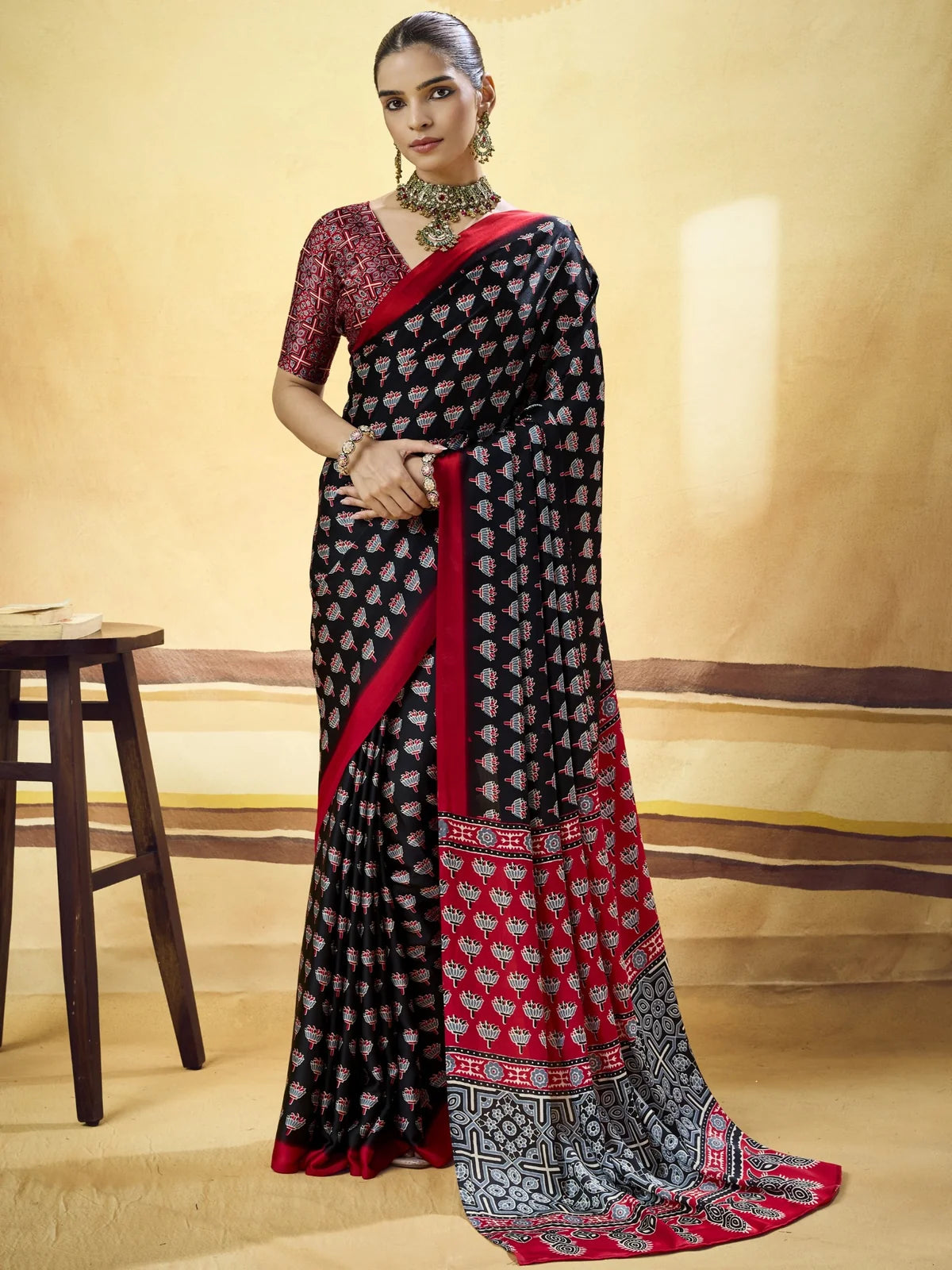 Tarani black Modal Satin Ajrakh Print saree full view with matching blouse Devyani