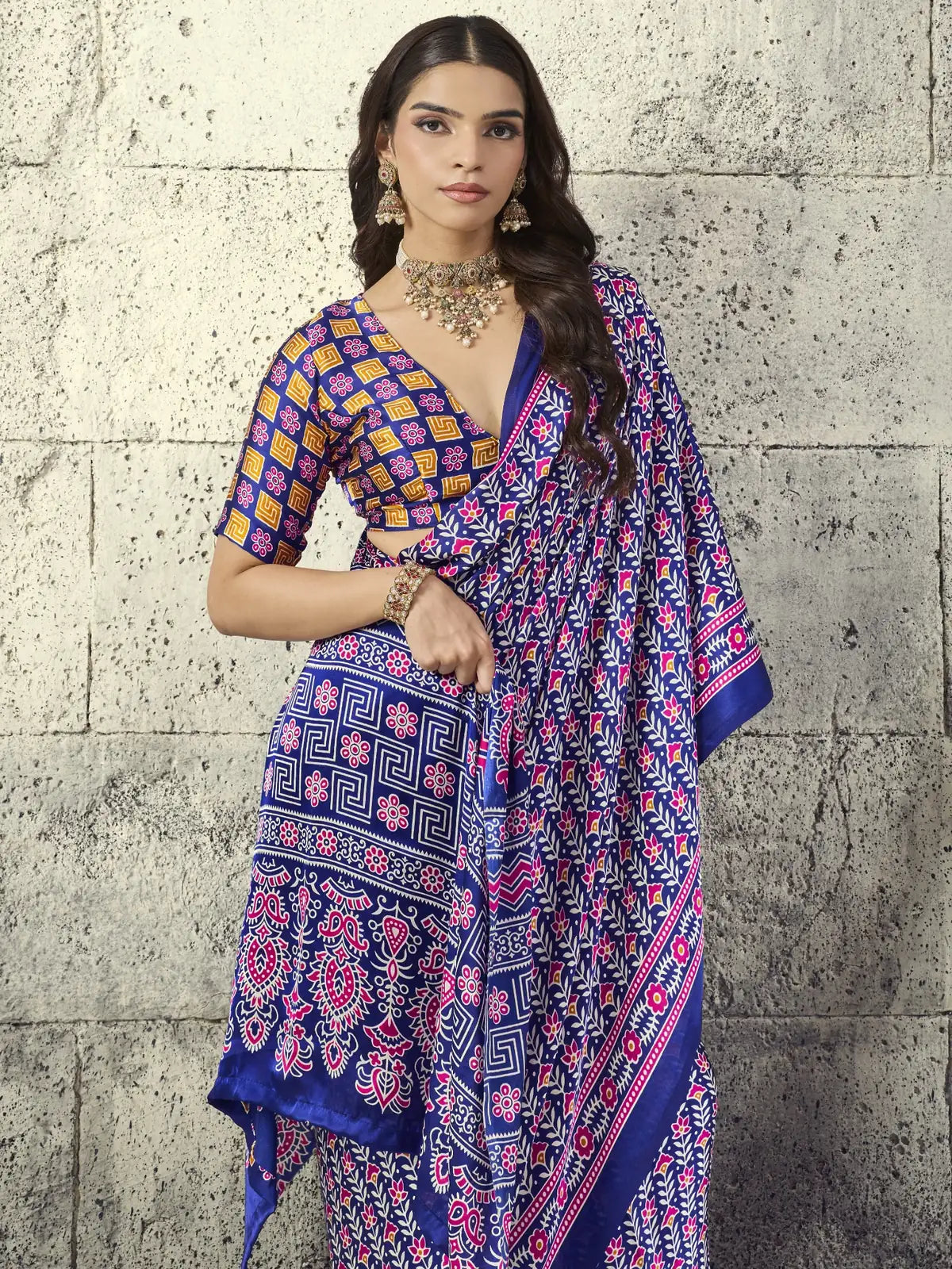 Tarani Nirmita blue Modal Satin Ajrakh Print Saree front view with elegant drape and printed blouse